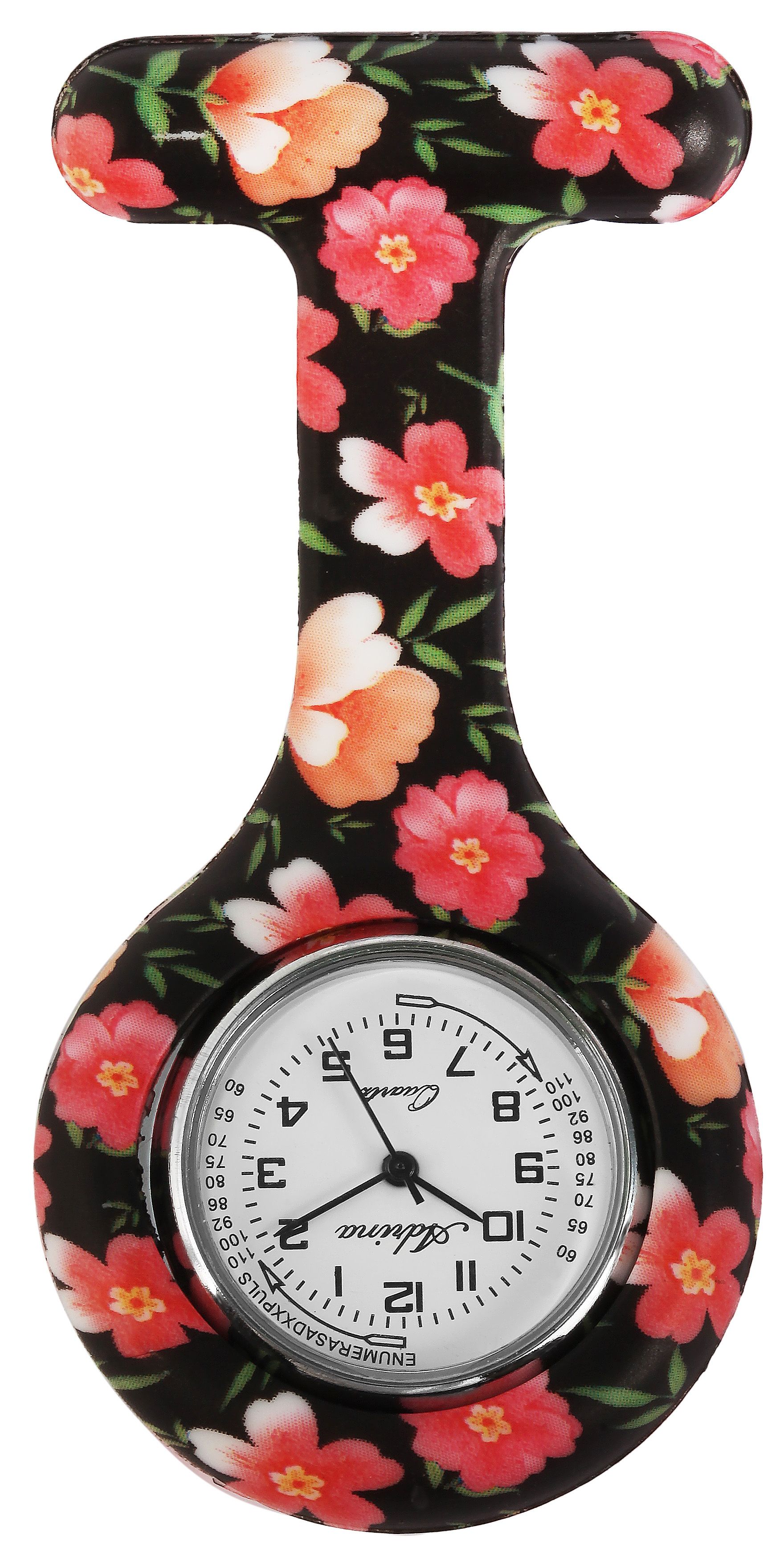 Adrina Krankenschwesteruhr aus Silikon mit Blumenmotiven, schwarz/ rot
