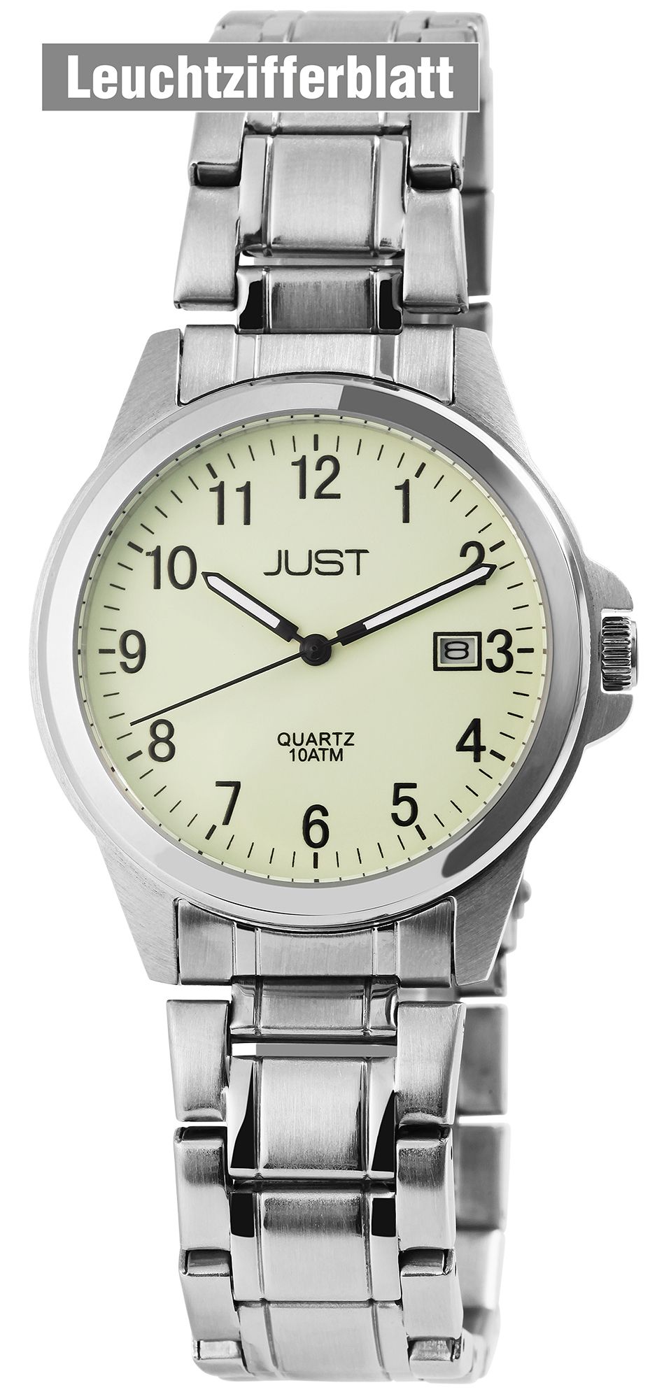 Just "Baroon" Herrenuhr mit Edelstahlband, 3-Zeiger, Datumsanzeige, silberfarben, Luminova ZB