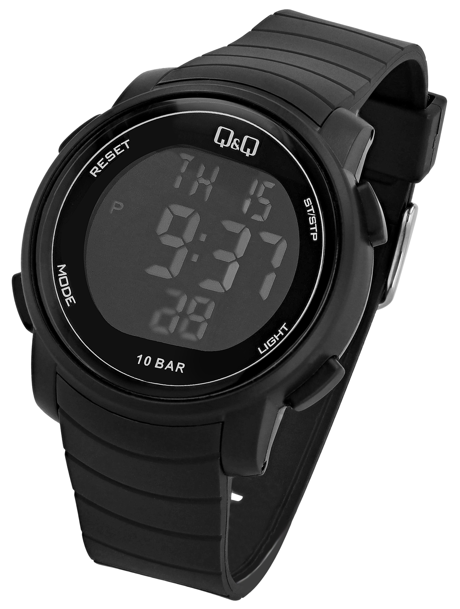 Q&Q Herren Digitaluhr, Kunststoff, Silikonband, schwarz, 10 ATM, Ø 44 mm