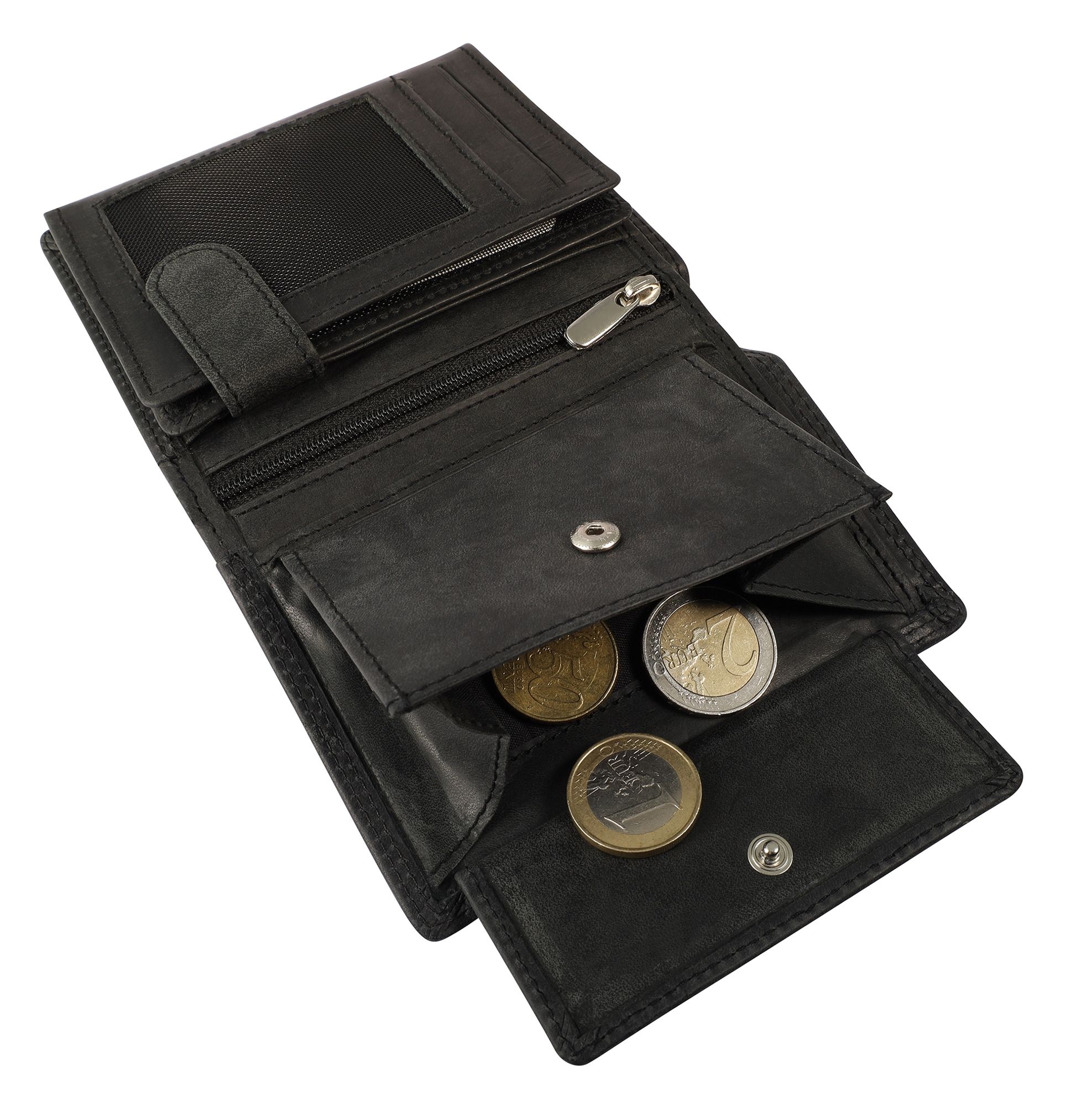 Akzent Echt Leder (Hunter-Leder) Geldbörse, RFID, Hochformat, "Fischer/ Angler", schwarz