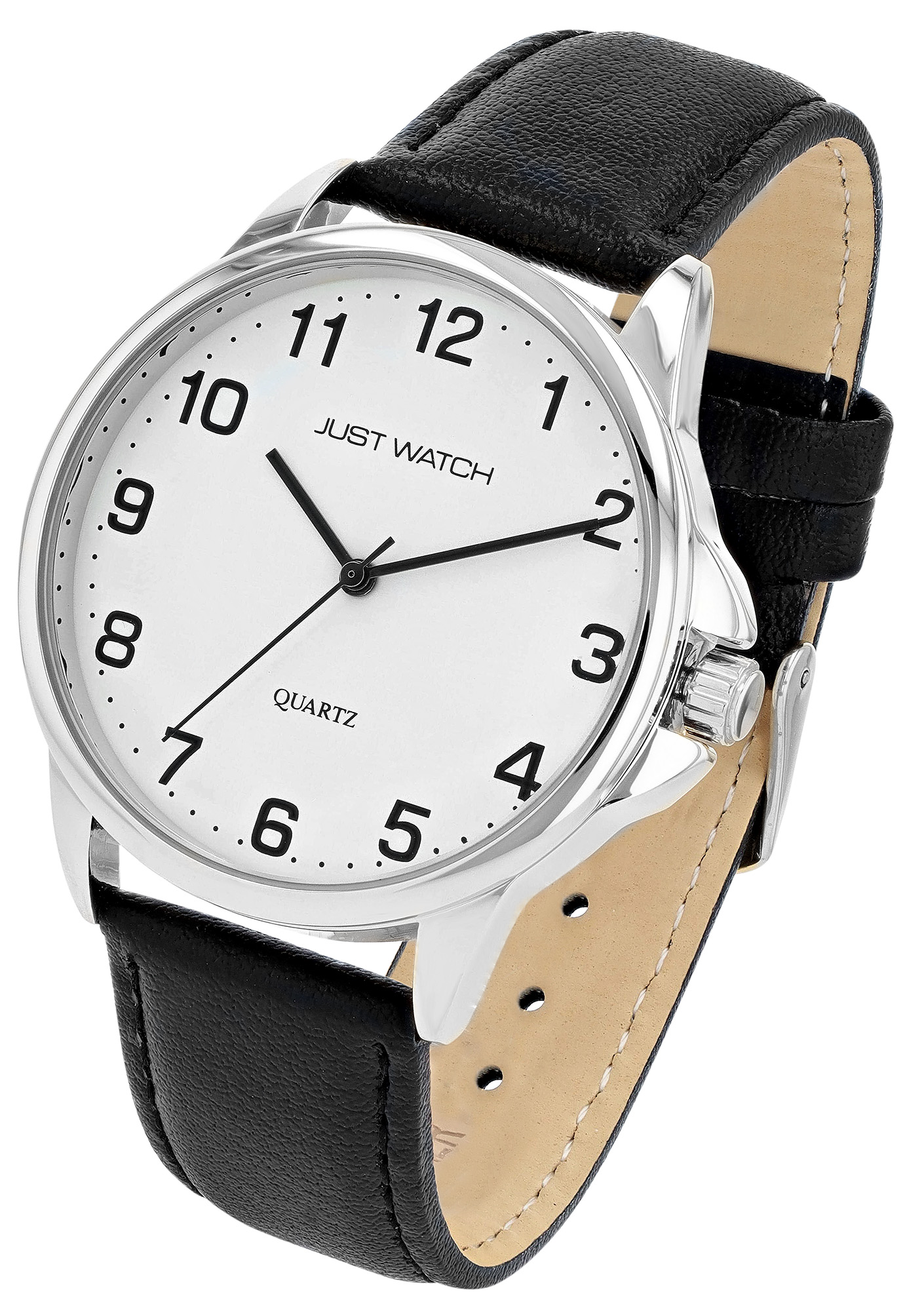 Just Watch "Bernard" Herrenuhr Ø 39 mm, Echtlederband, schwarz/ silberfarben/ weiß