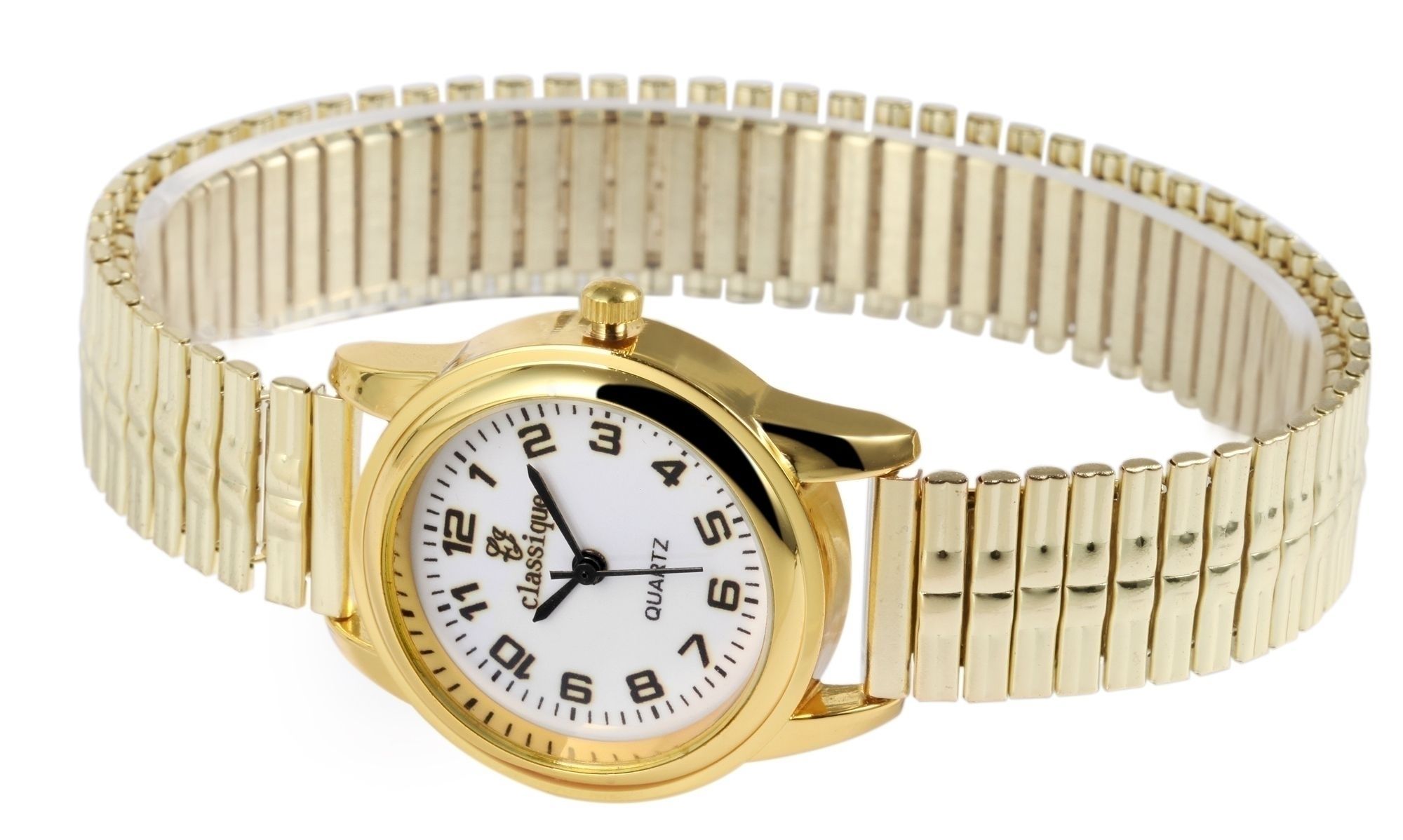 Classique Damenuhr mit Edelstahl-Zugarmband Ø 28 mm, goldfarben/ weiß