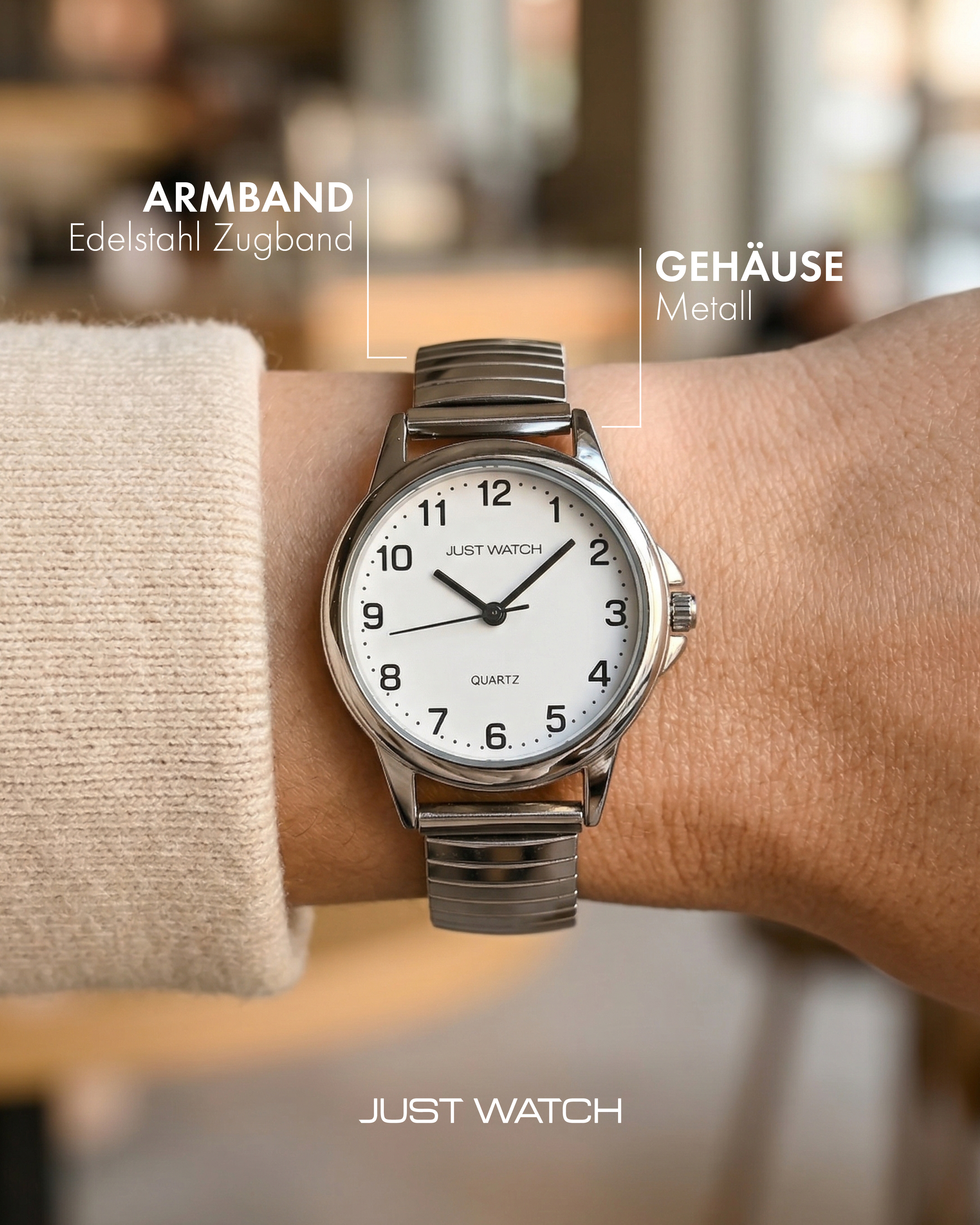 JUST WATCH "Angelique" Damenuhr Ø 29 mm Edelstahlzugband, silberfarben/ weiß