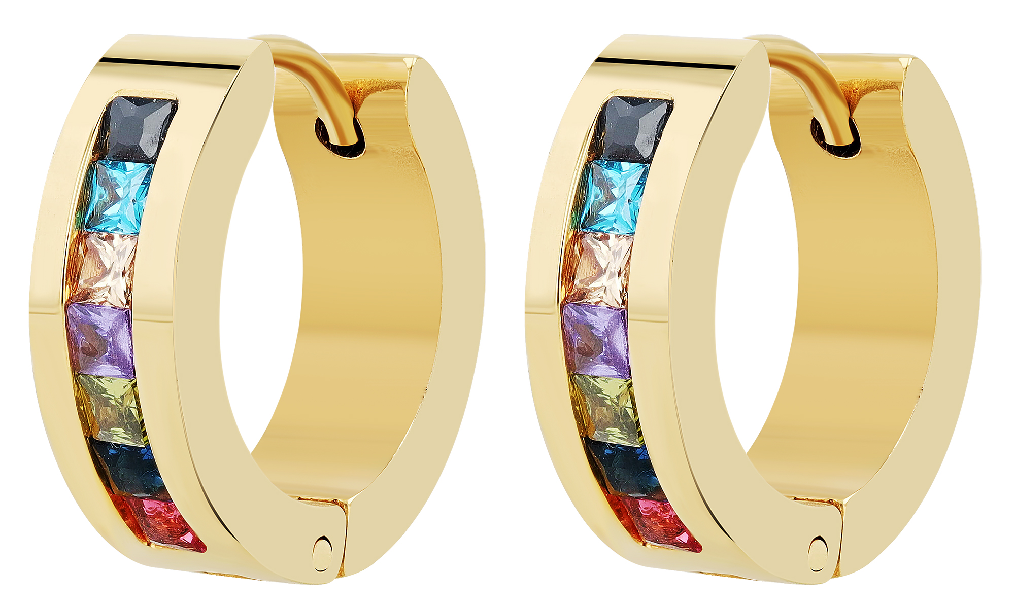 "Rosalyn" Edelstahl Klappcreole Ø 12 mm, bunte Similisteine, goldfarben