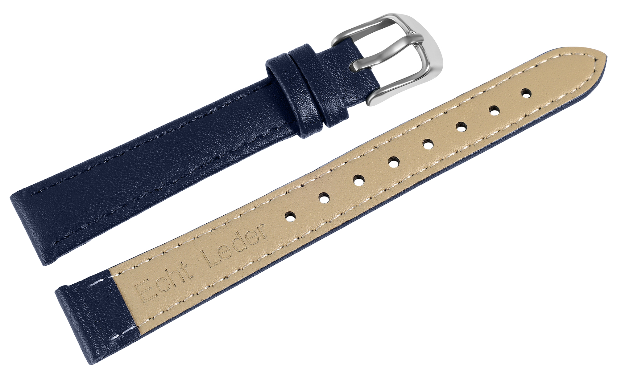 Echtleder-Uhrenarmband, dunkelblau/ silberfarben, 16 mm