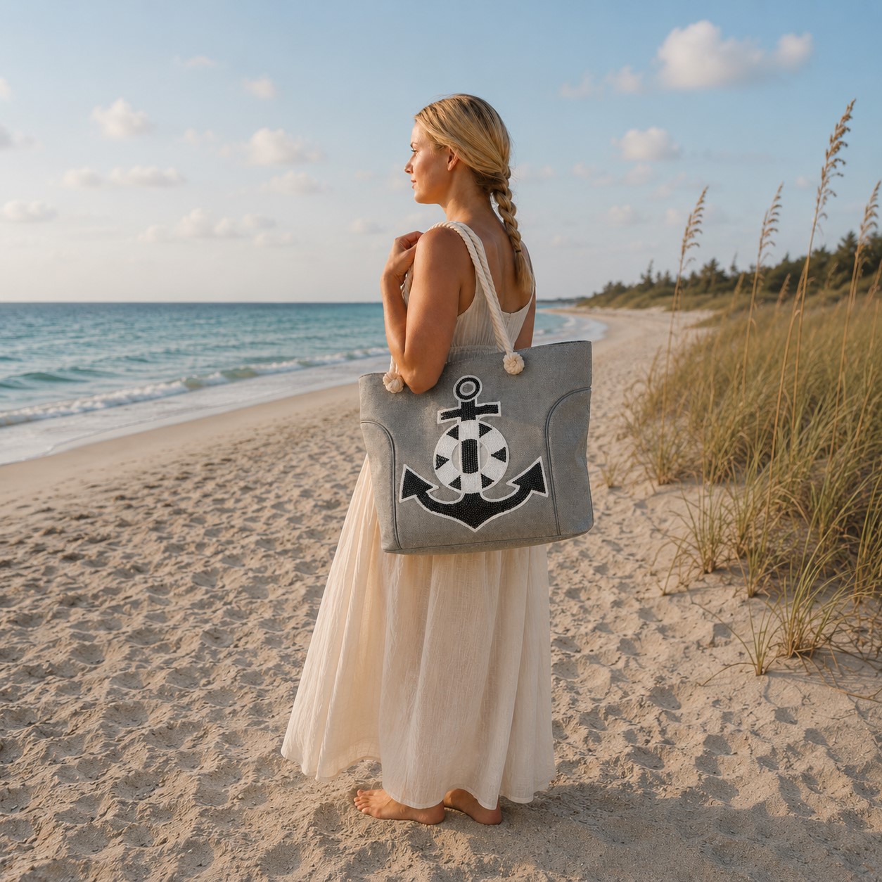 Strandtasche aus Nylon, Ankermotiv aus Pailletten, grau