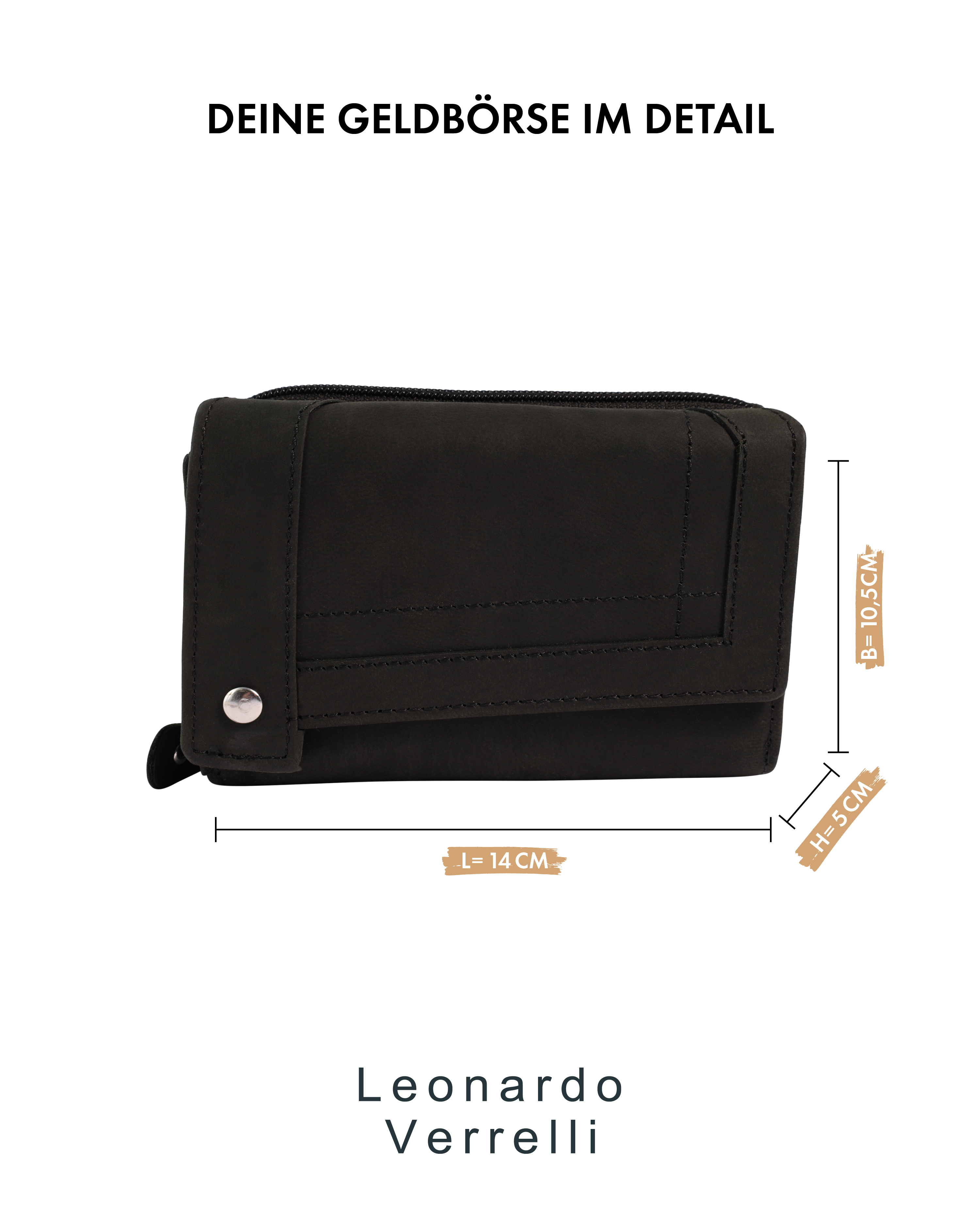 Leonardo Verrelli Echtleder (Hunter) Damen Geldbörse, Querformat, RFID, schwarz
