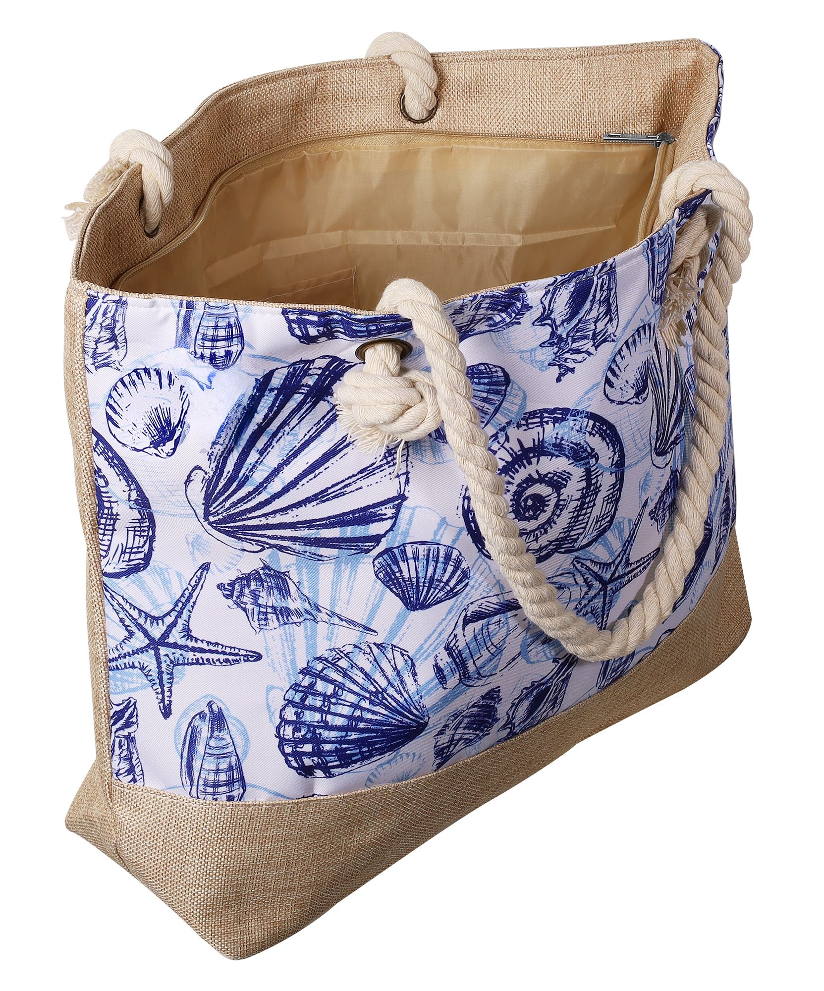 Strandtasche mit maritimen Motiven, weiß mit dunkelblauen Muscheln