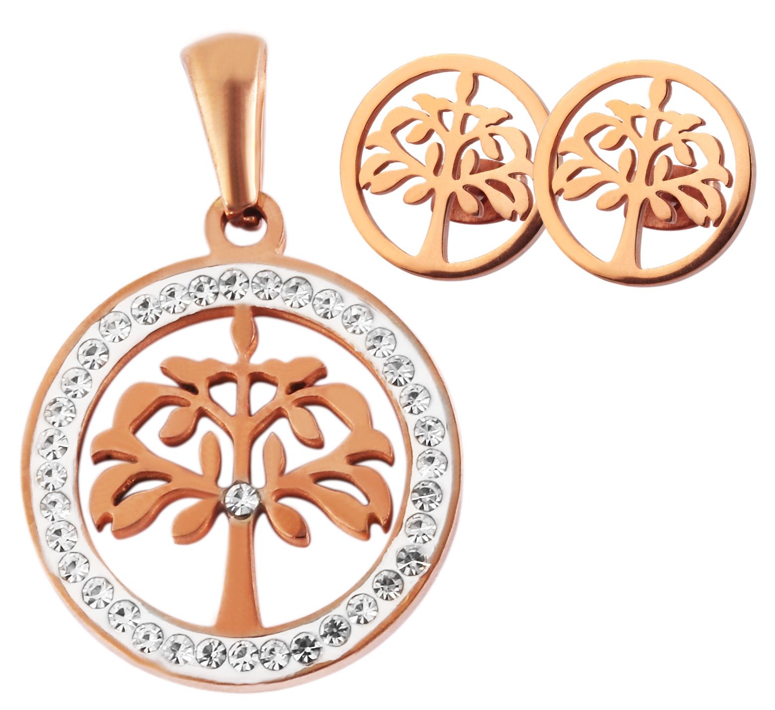 Akzent Edelstahlschmuckset Lebensbaum (Kettenanhänger und Ohrringe), mit Similibesatz, roségoldfarbig