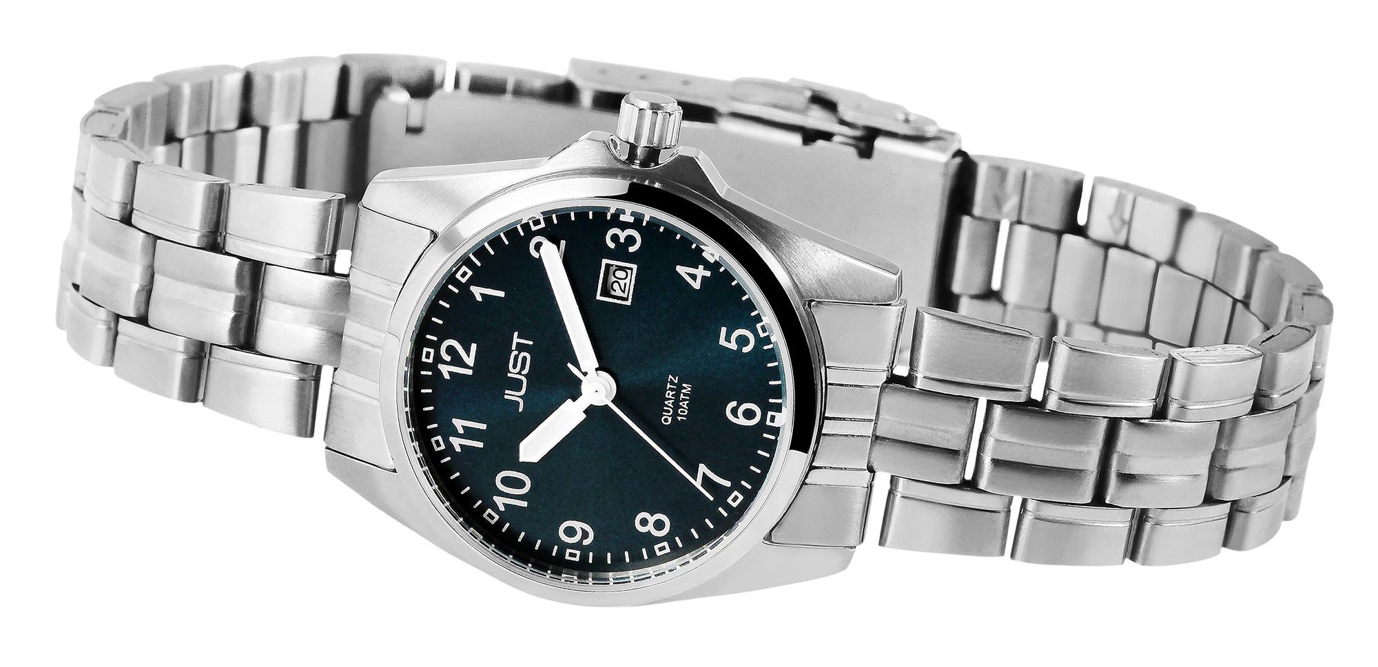 Just "Esrah" Edelstahl Damenarmbanduhr, 3-Zeiger, Datumsanzeige, silberfarben/ schwarzes ZB