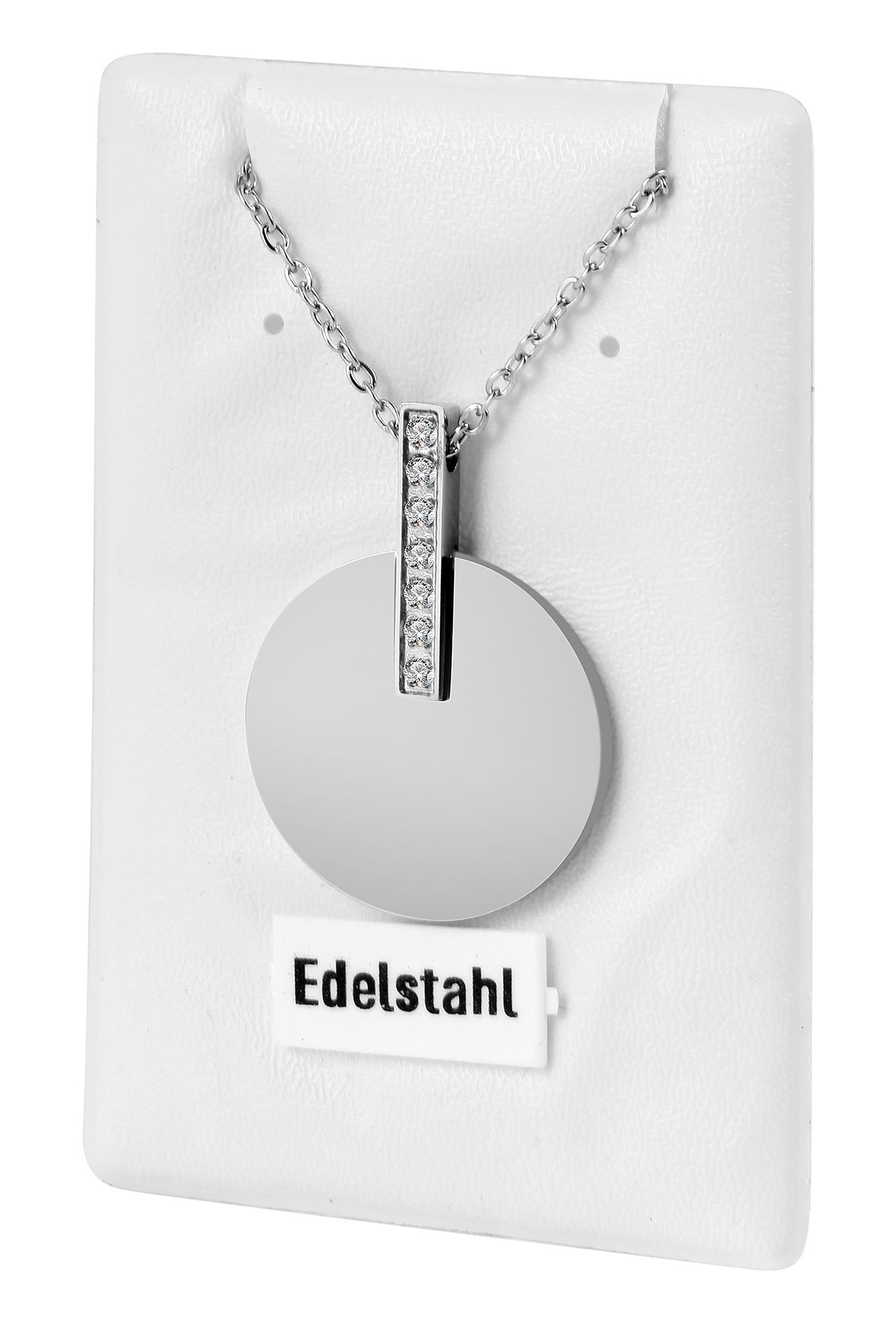 Akzent Halskette aus Edelstahl, Similibesatz, gravurfähiger Münzanhänger, silberfarben