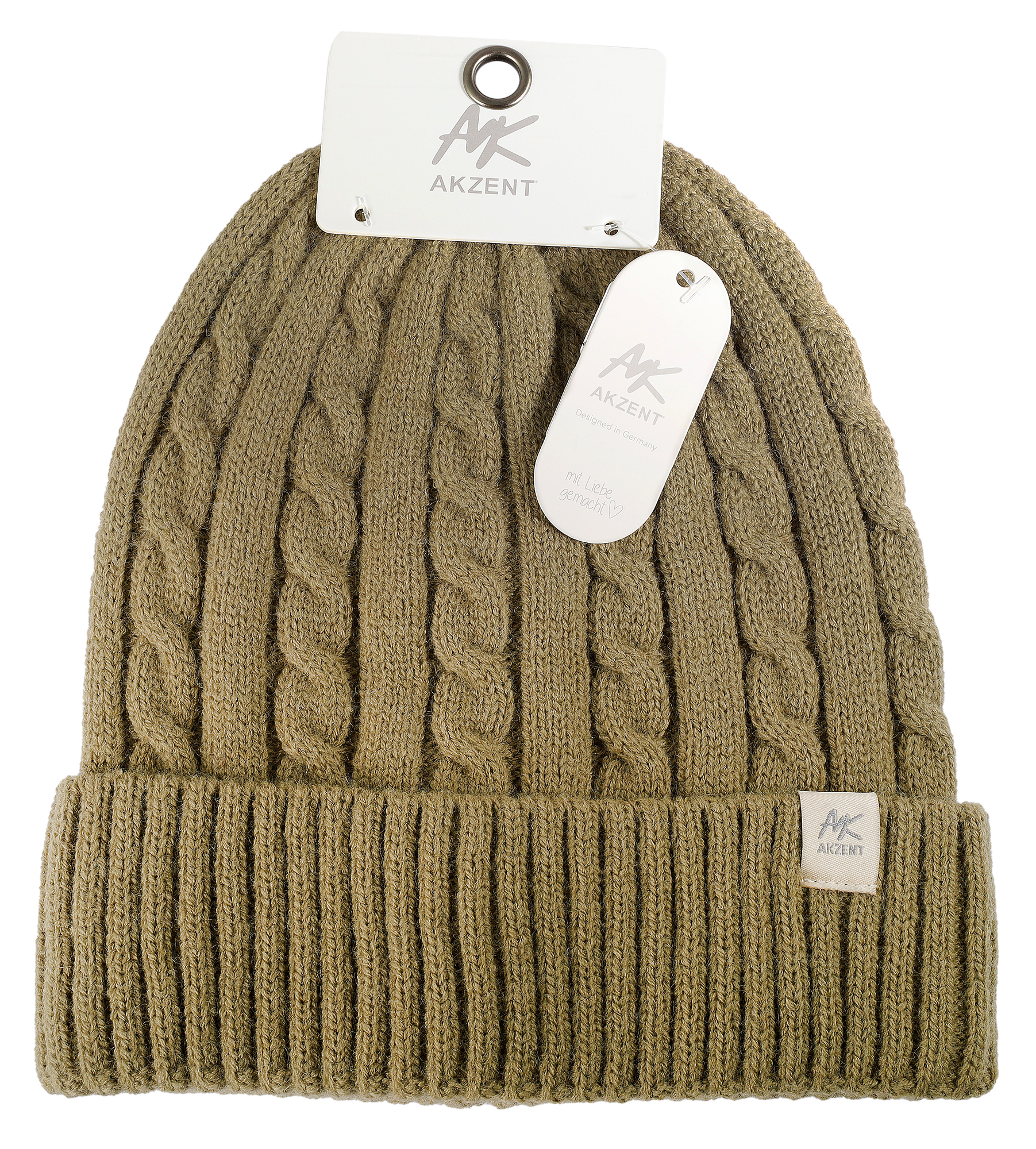 Akzent Strickmütze mit Umschlag, 100% Acryl, 4-VE, khaki