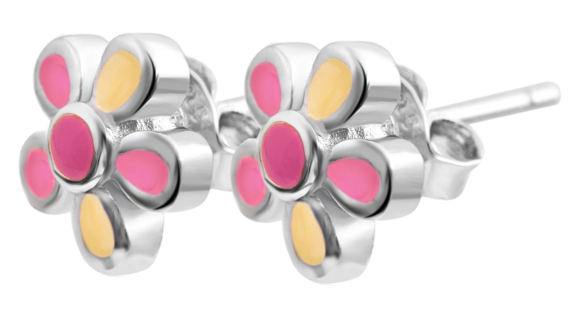 "Flora" 925/- Echt Silber Ohrstecker farbenfrohen Blumen rosa/ gelb, silberfarben rhodiniert