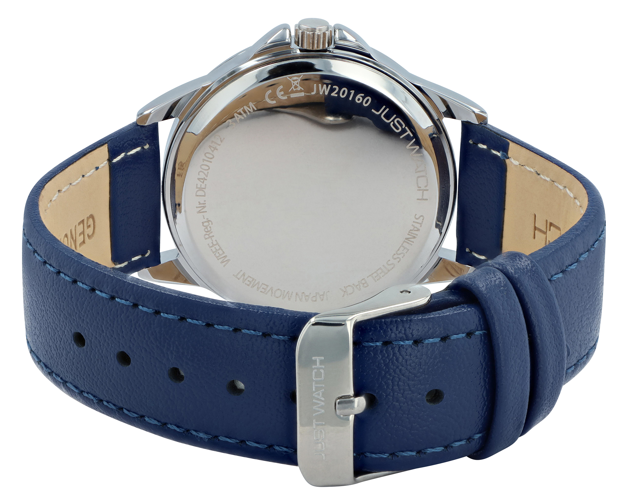 Just Watch "Bernard" Herrenuhr Ø 39 mm, Echtlederband, blau/ silberfarben/ weiß