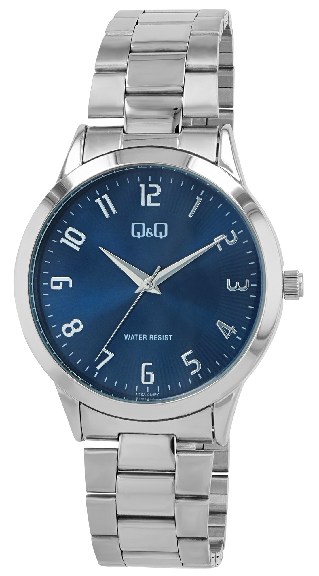 Q&Q Herrenuhr Ø 41 mm, Edelstahlband, silberfarben/ blau
