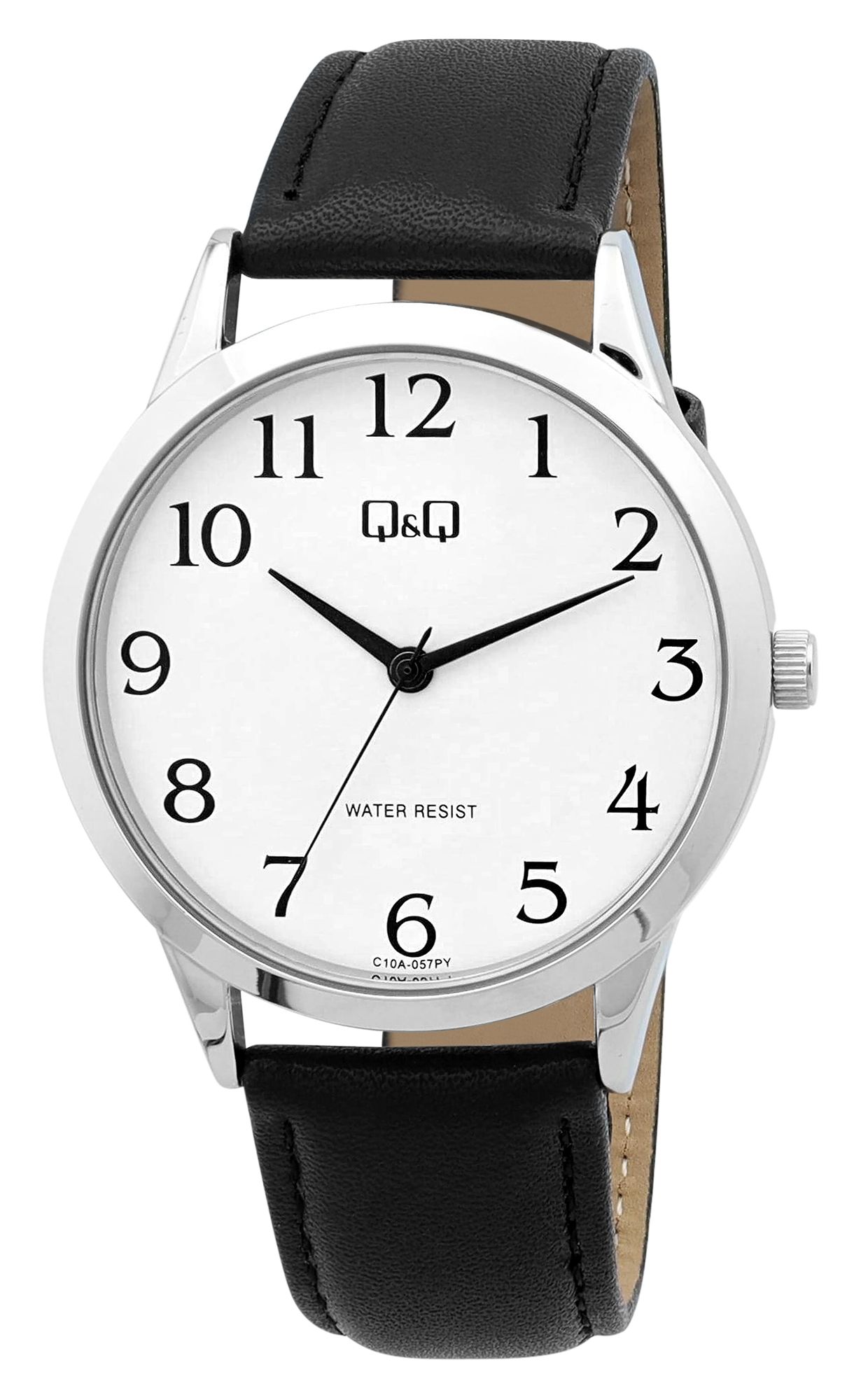 Q&Q Herrenuhr, Lederimitat, Ø 40 mm, schwarz/ silberfarben/ weiß