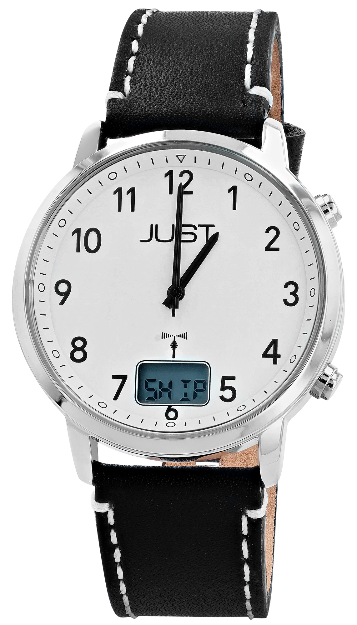 JUST Herren-Funkuhr "Vita Visio" Ø 40 mm (weißes Zifferblatt & Arabische Ziffern), Echtlederband