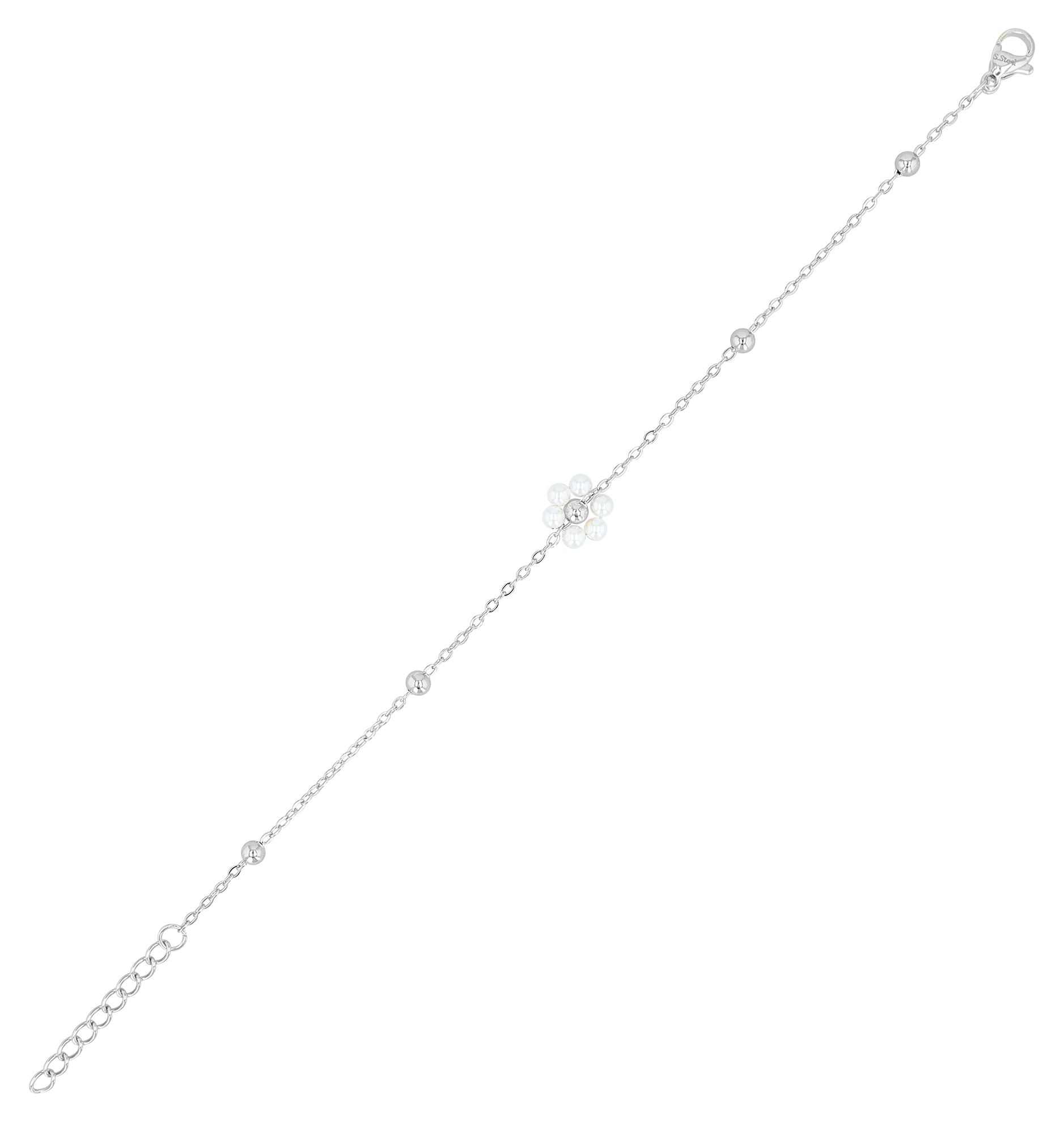 "Rojana" Armband (17+3 cm), Edelstahl/ Glasperle, Blüte, silberfarben