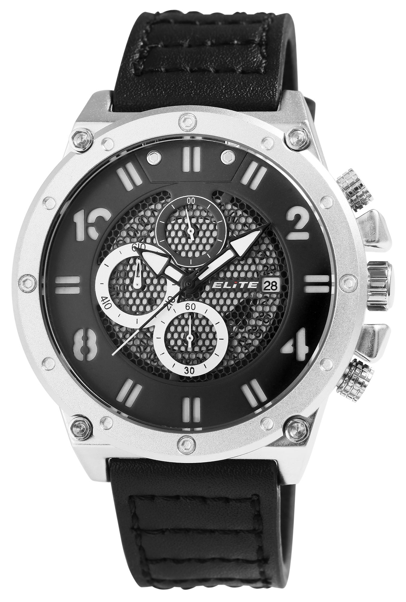ELITE Herrenchronograph mit Echtlederarmband, schwarz/silberfarben