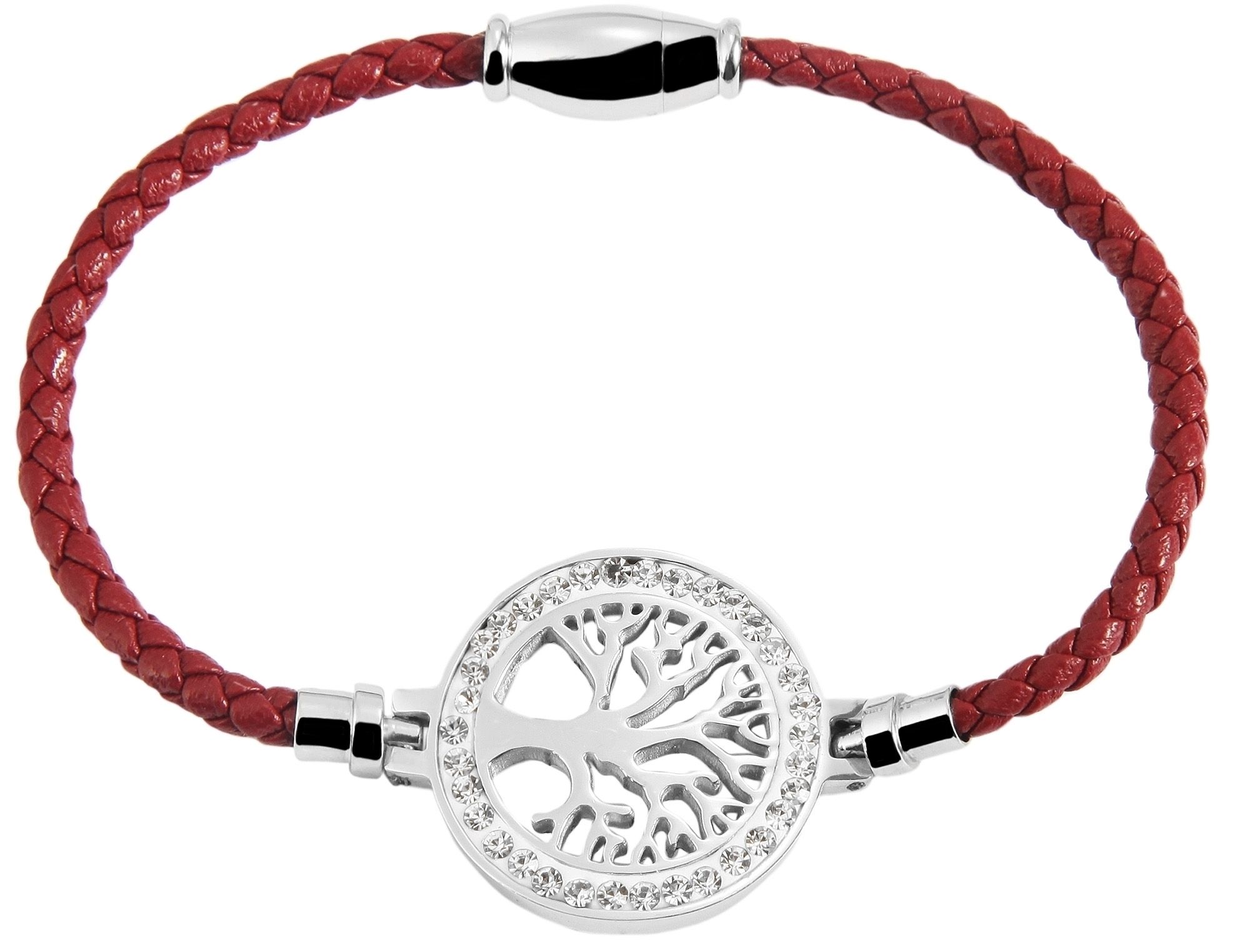 Akzent Armband aus Lederimitat, geflochten mit Edelstahlelement Lebensbaum, rot/silberfarben