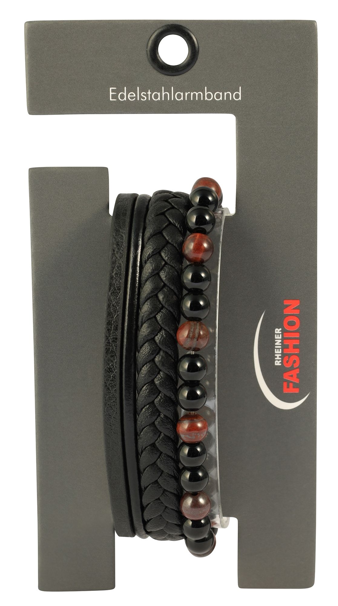 "Namik" 23 cm, Armband aus Lederimitat mit Naturstein (Onyx/ roter Tigerauge), VE-4
