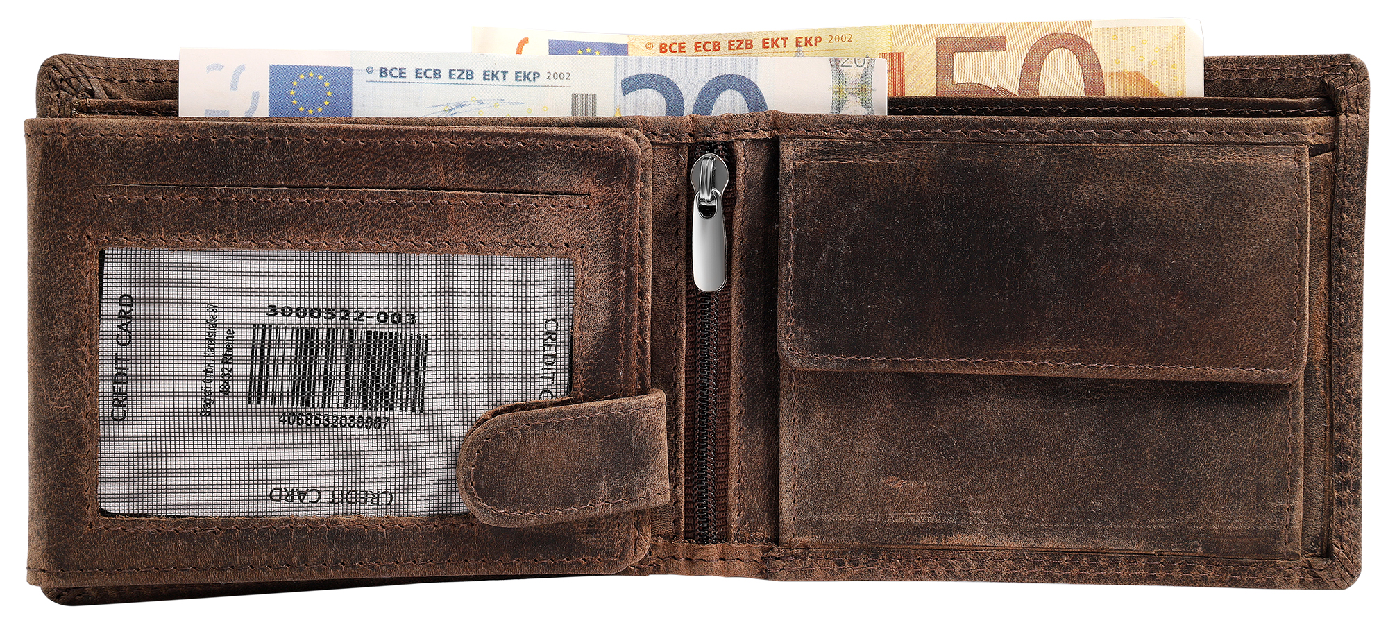 Akzent Echt Leder (Hunter-Leder) Geldbörse, RFID, Querformat, "Totenkopf", braun