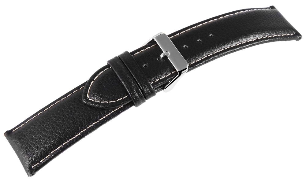 Echtleder Uhrenarmband, Edelstahl Dornschließe, schwarz mit weißer Naht, 22 mm
