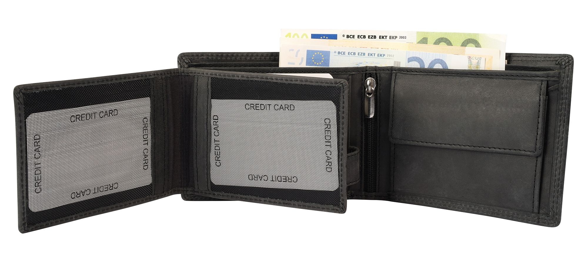 Akzent Echt Leder (Hunter-Leder) Geldbörse, RFID, Querformat, "Fischer/ Angler", schwarz