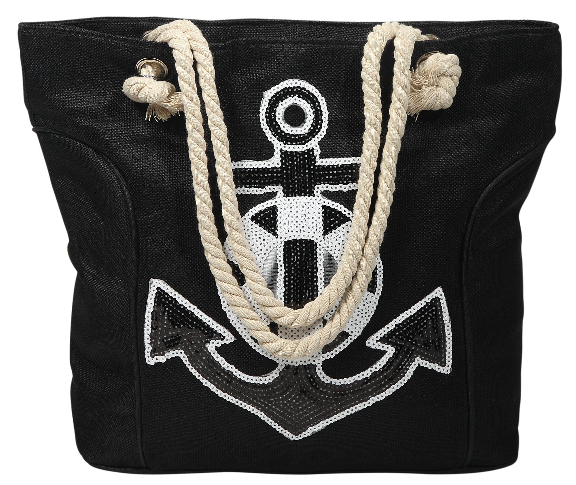 Strandtasche aus Nylon, Ankermotiv aus Pailletten, schwarz
