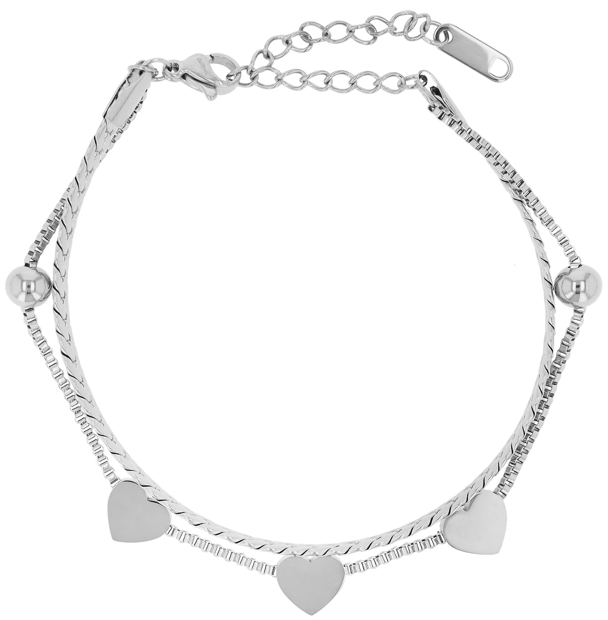 "Roxane" 2 Layering Armband, Edelstahl, Herzen & Kugeln, 17+5 cm, silberfarben