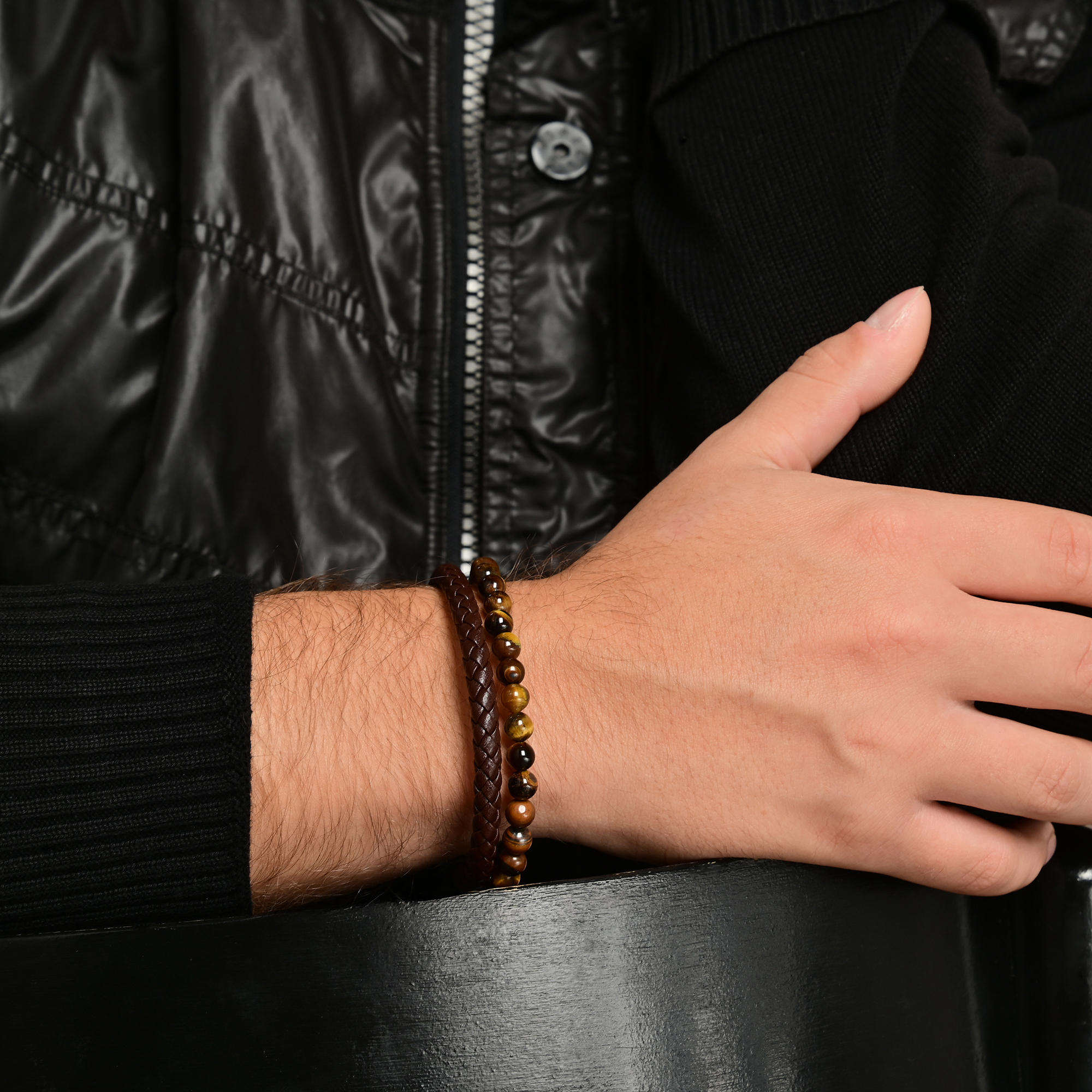 "Pips" Akzent Armband 23 cm aus Echtleder und Tigeraugen, dunkelbraun