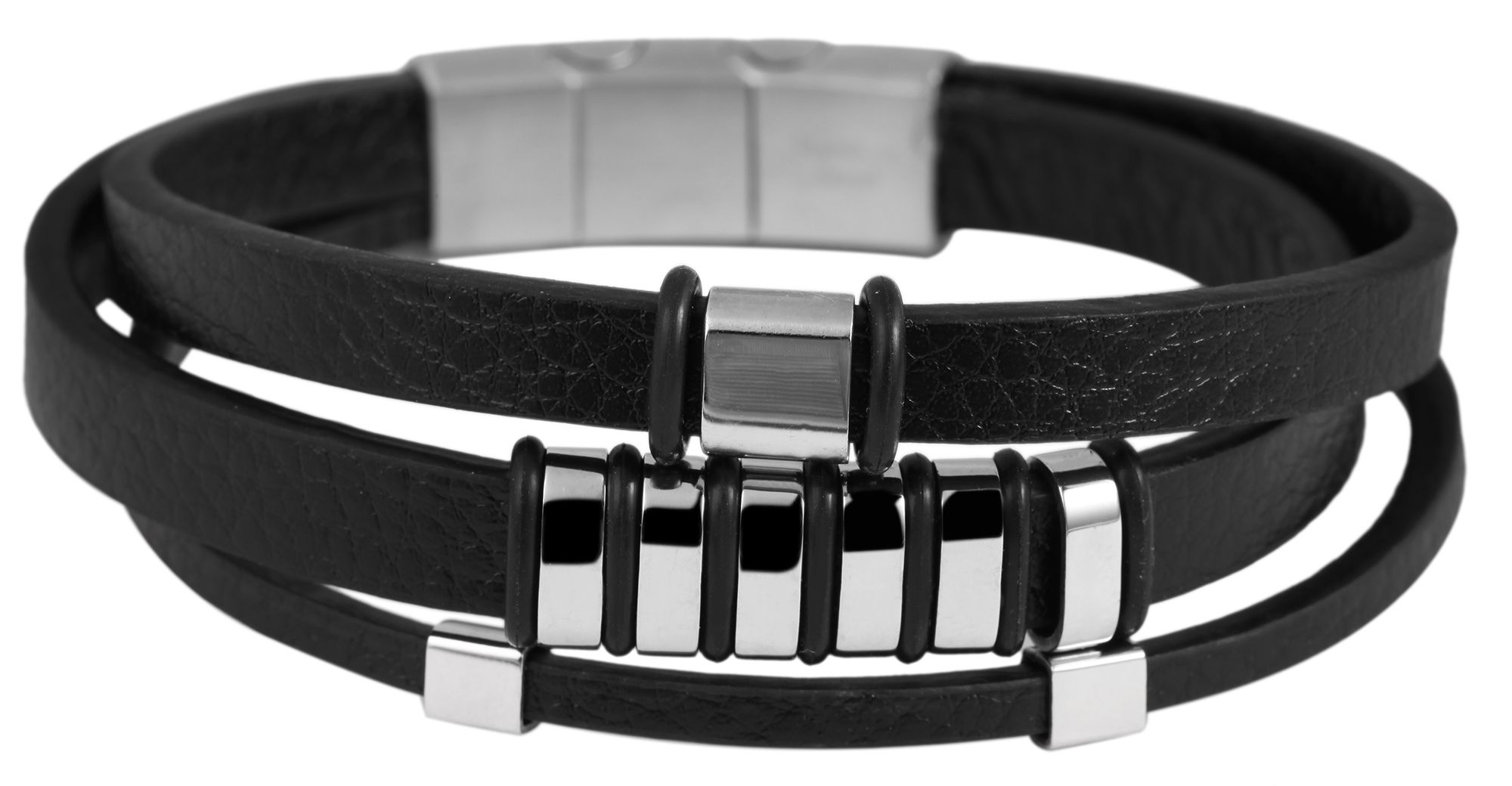 Akzent Echtlederarmband mit Edelstahlelementen, schwarz/silberfarben