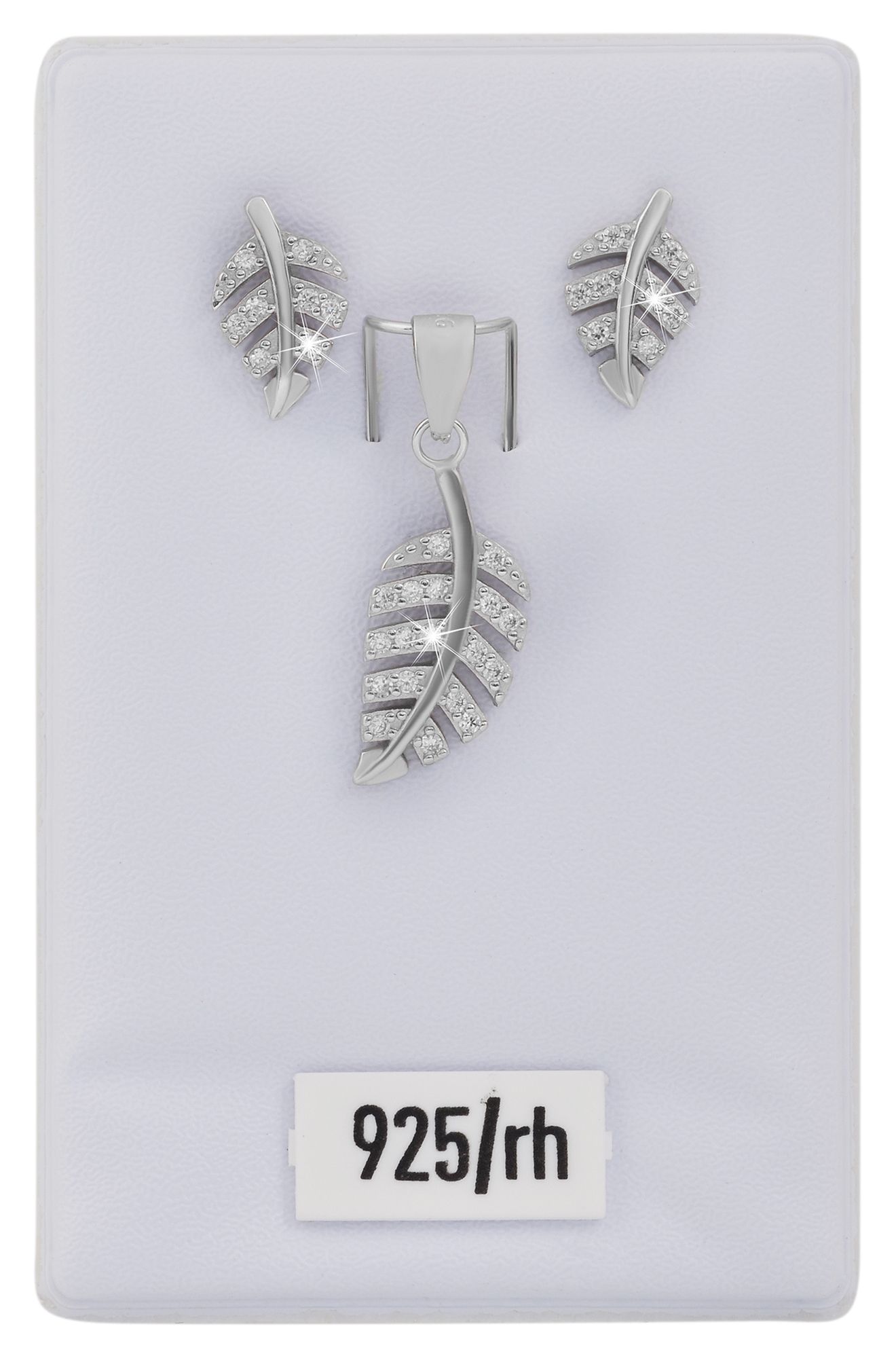 925/- Echt Silber Schmuck Set "Dobra" Anhänger & Ohrstecker im Blatt Desgin weiße Zirkonia