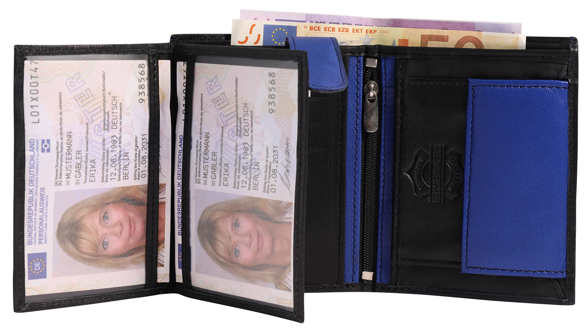 Steinmeister Geldbörse aus Echtleder, Hochformat, schwarz/dunkelblau