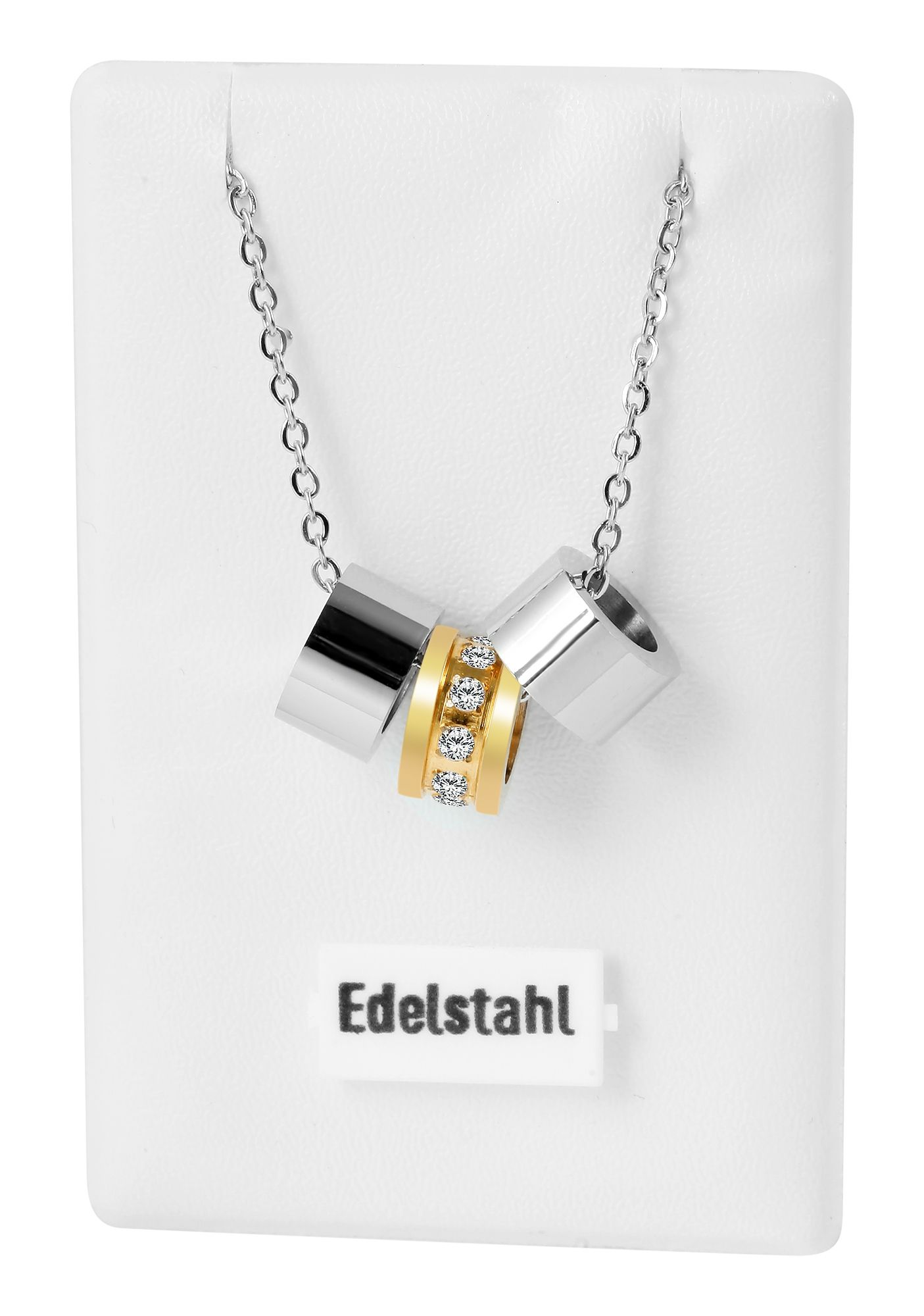 Akzent Halskette mit drei Ringanhängern, Edelstahl, silber- & goldfarben