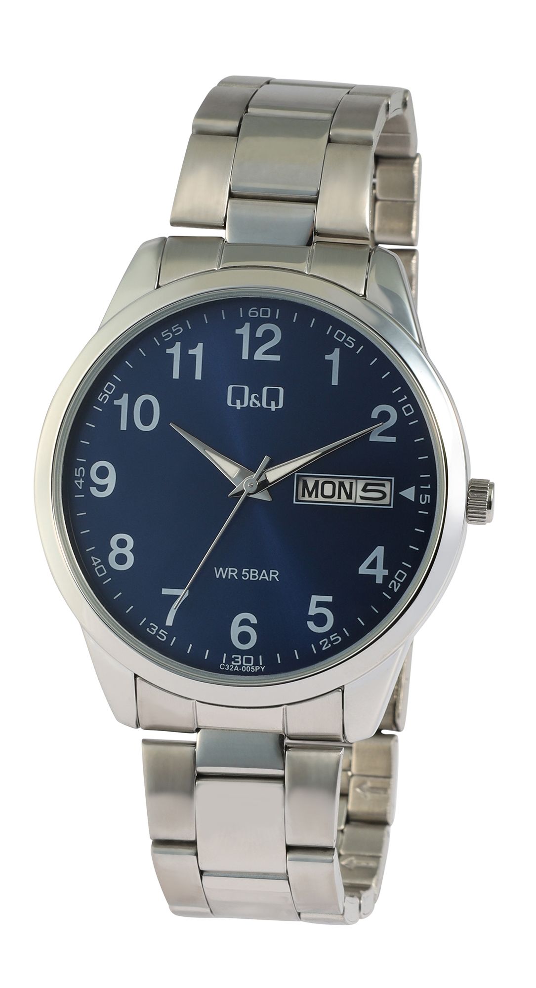 Q&Q Herrenuhr mit Gliederarmband aus Edelstahl, 5 ATM, silberfarben/ZB blau
