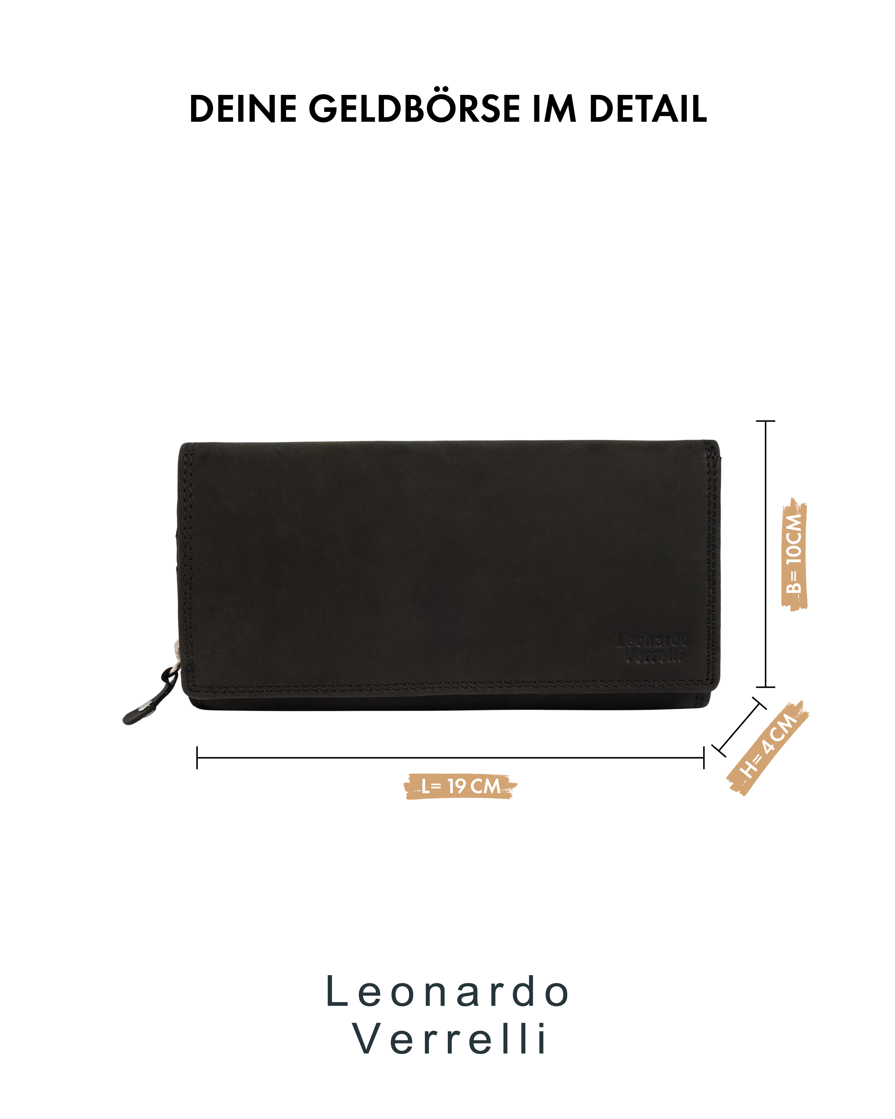 Leonardo Verrelli Echtleder (Hunter) Damen Geldbörse, Querformat, RFID, schwarz