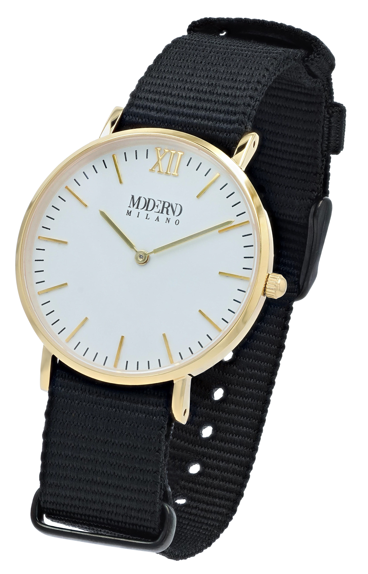 Moderno Milano Edelstahl Damenuhr 36,5 mm, Saphirglas & Nylon-NATO-Band (Schwarz), goldfarben