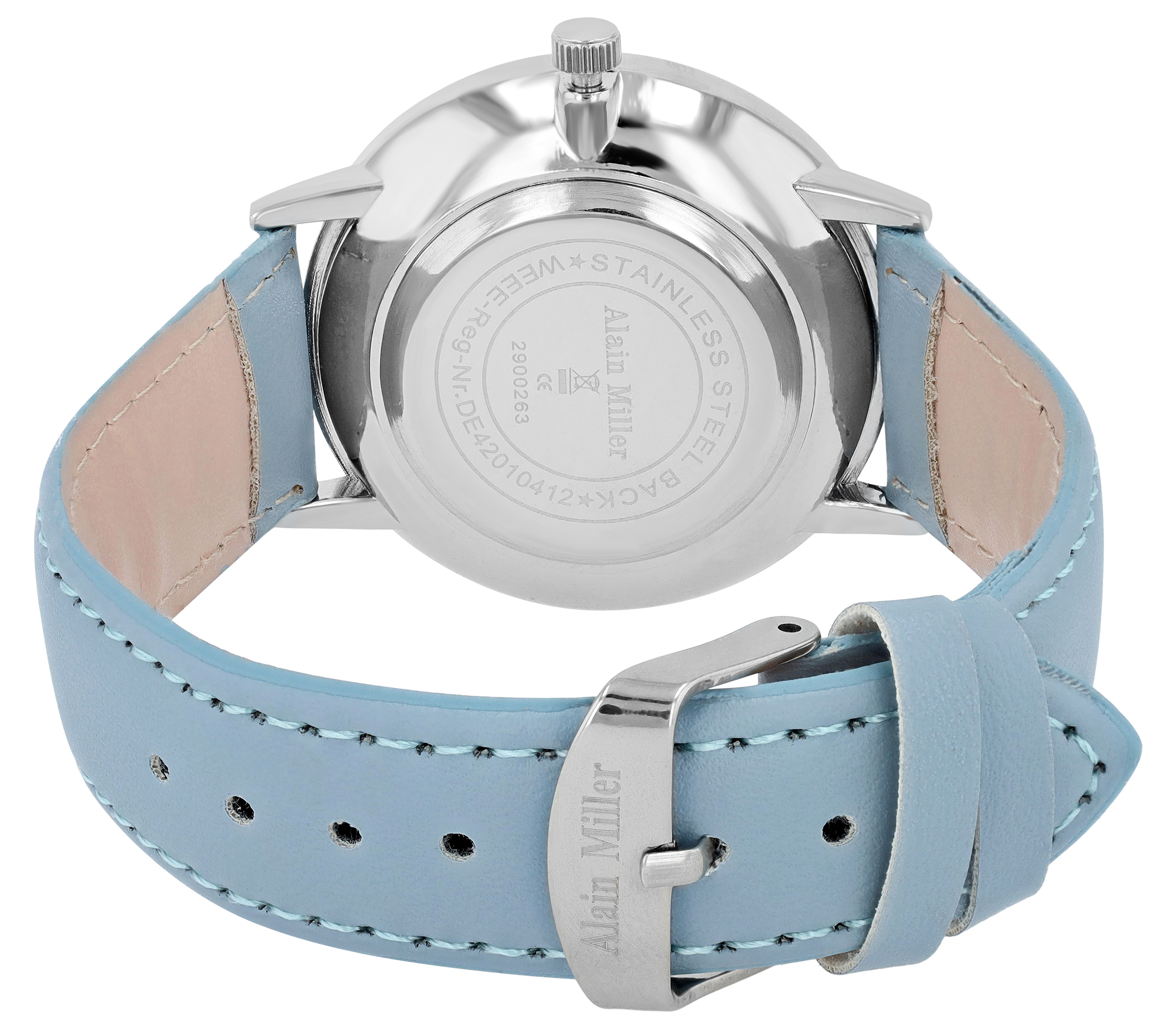 Alain Miller Herrenuhr mit Lederimitatband, Ø 40 mm, hellblau/ weiß