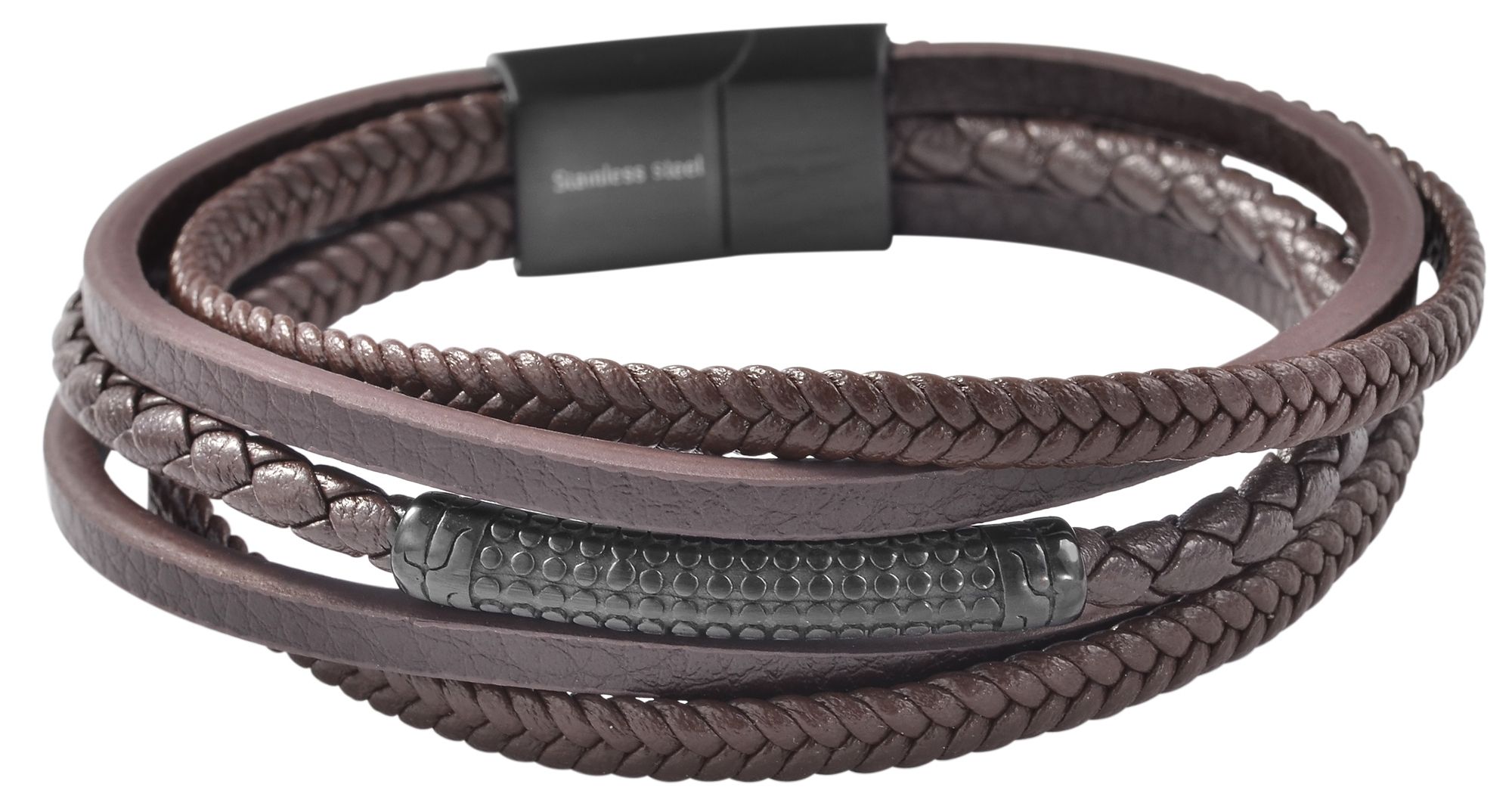 Akzent Armband aus Lederimitation mit Edelstahlelement, Ionenplattiert, dunkelbraun/schwarz, 19 cm