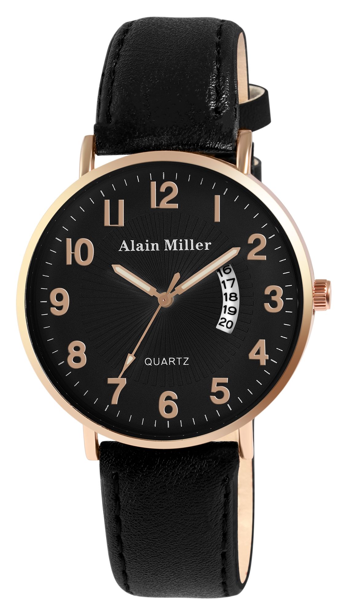 Alain Miller Herrenuhr mit Band aus Lederimitat, schwarz, schwarz