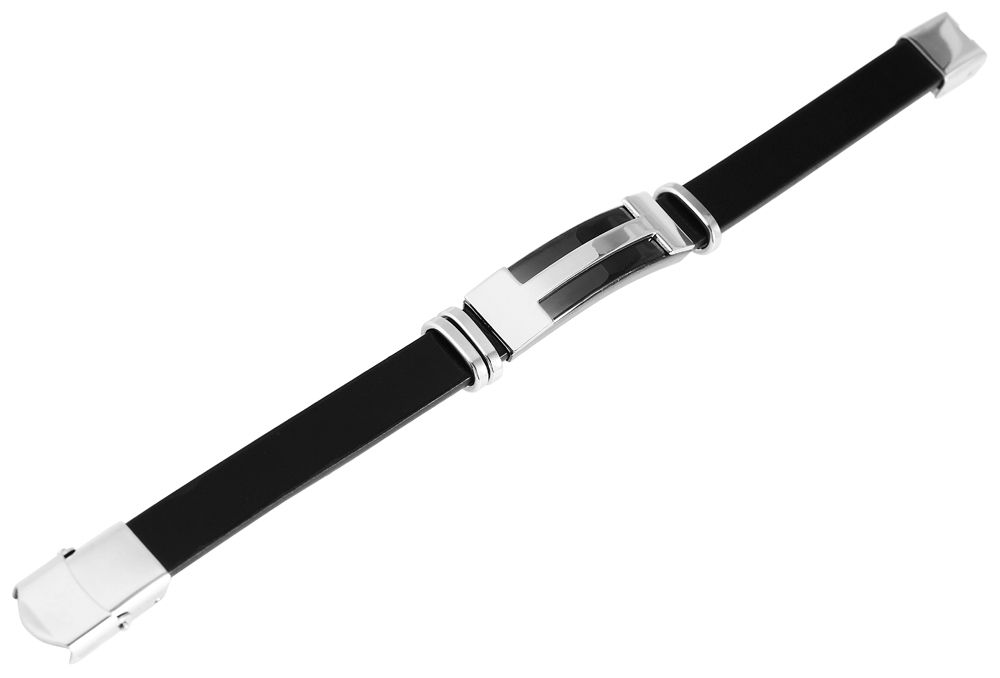 "Saleh", Echlederarmband mit Edesltahlplatte, 22 cm, schwarz/silberfarben