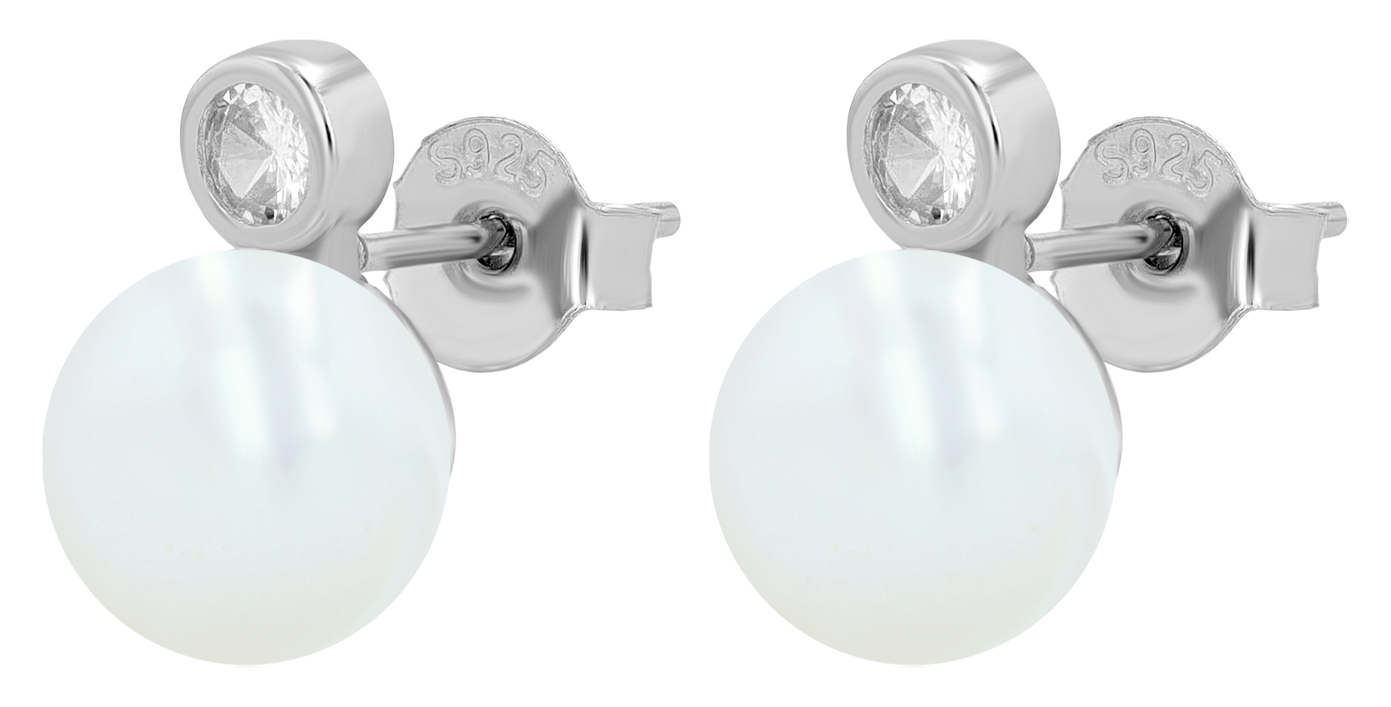 "Asrah" 925/- Echt Silber Ohrstecker - echte Süßwasserperle (8mm)/ Zirkonia, rhodiniert