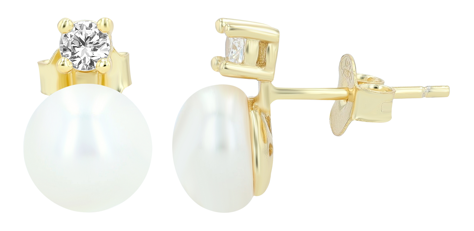 "Almi" 925/- Echt Silber Ohrstecker, echte Süßwasserperle Ø 8 mm/ Zirkonia, vergoldet