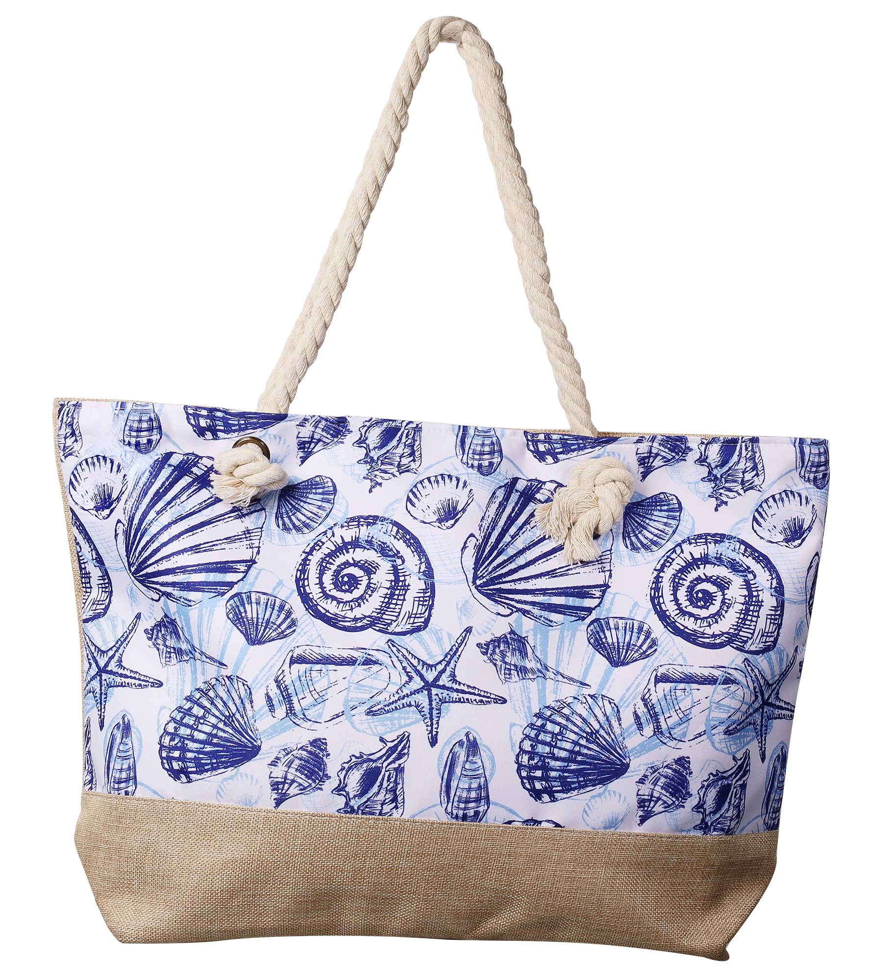 Strandtasche mit maritimen Motiven, weiß mit dunkelblauen Muscheln