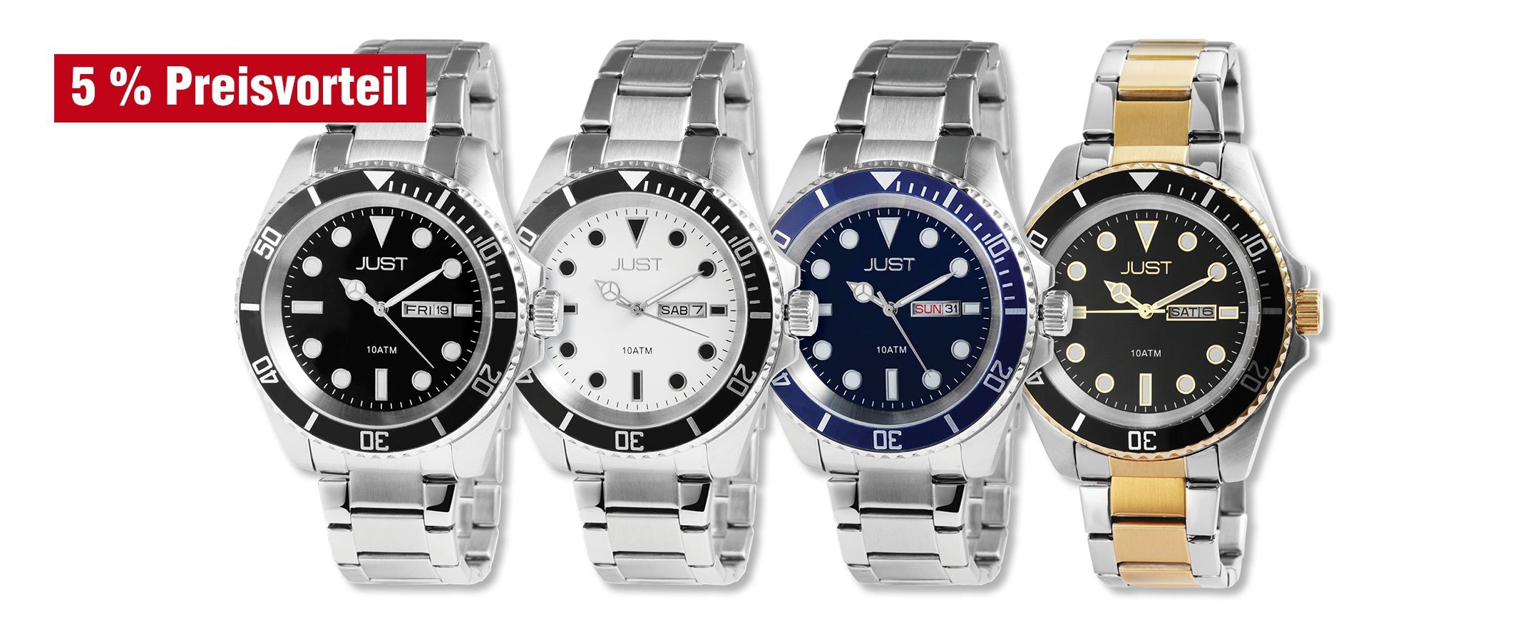Just Herren Analog Uhren mit Edelstahlband im 4er-Set, 5% Preisvorteil