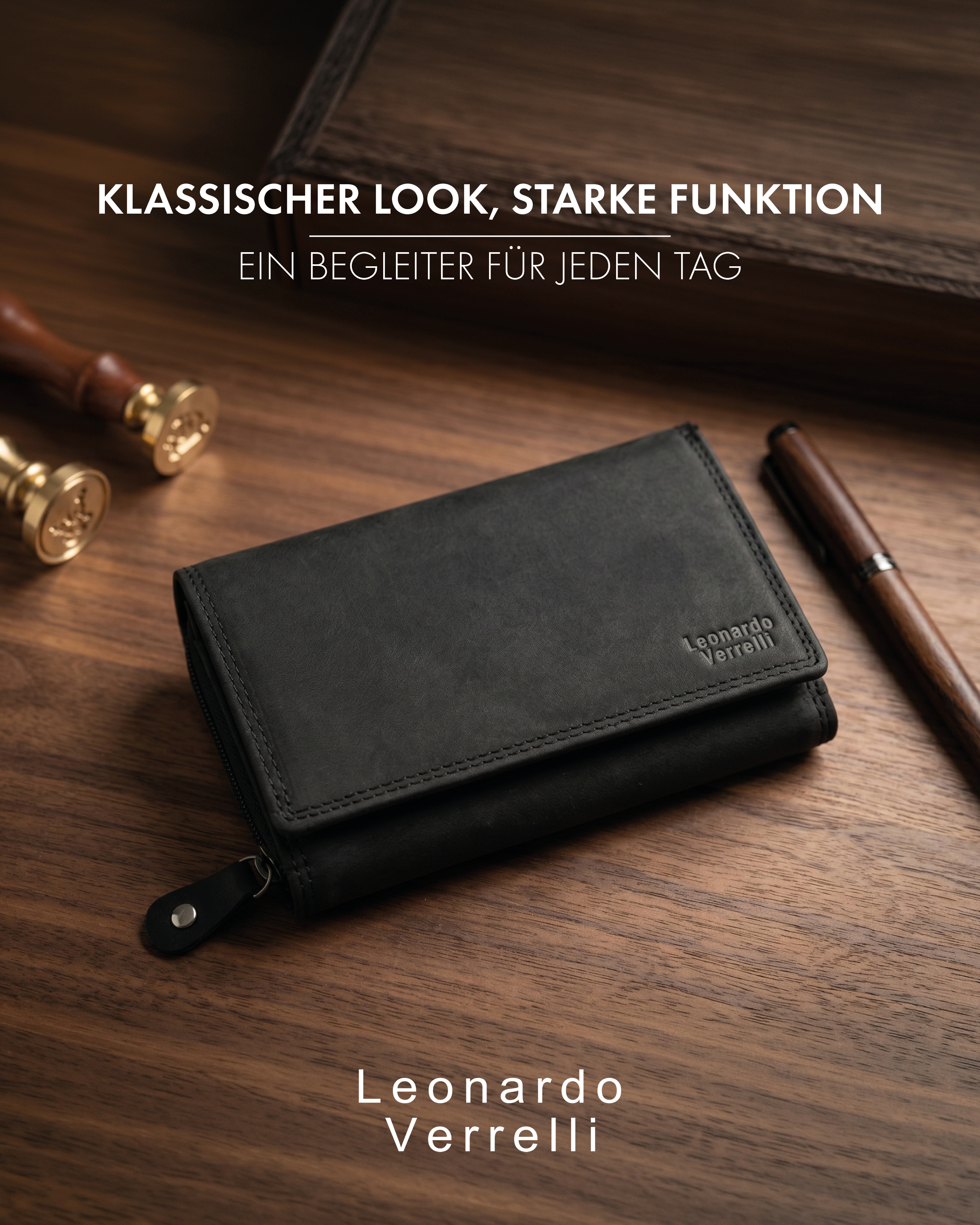 Leonardo Verrelli Echtleder (Hunter) Damen Geldbörse, Querformat, RFID, schwarz