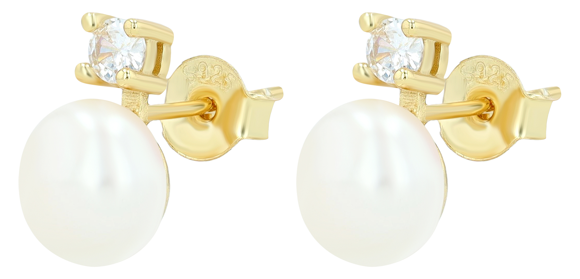 "Almi" 925/- Echt Silber Ohrstecker, echte Süßwasserperle Ø 8 mm/ Zirkonia, vergoldet