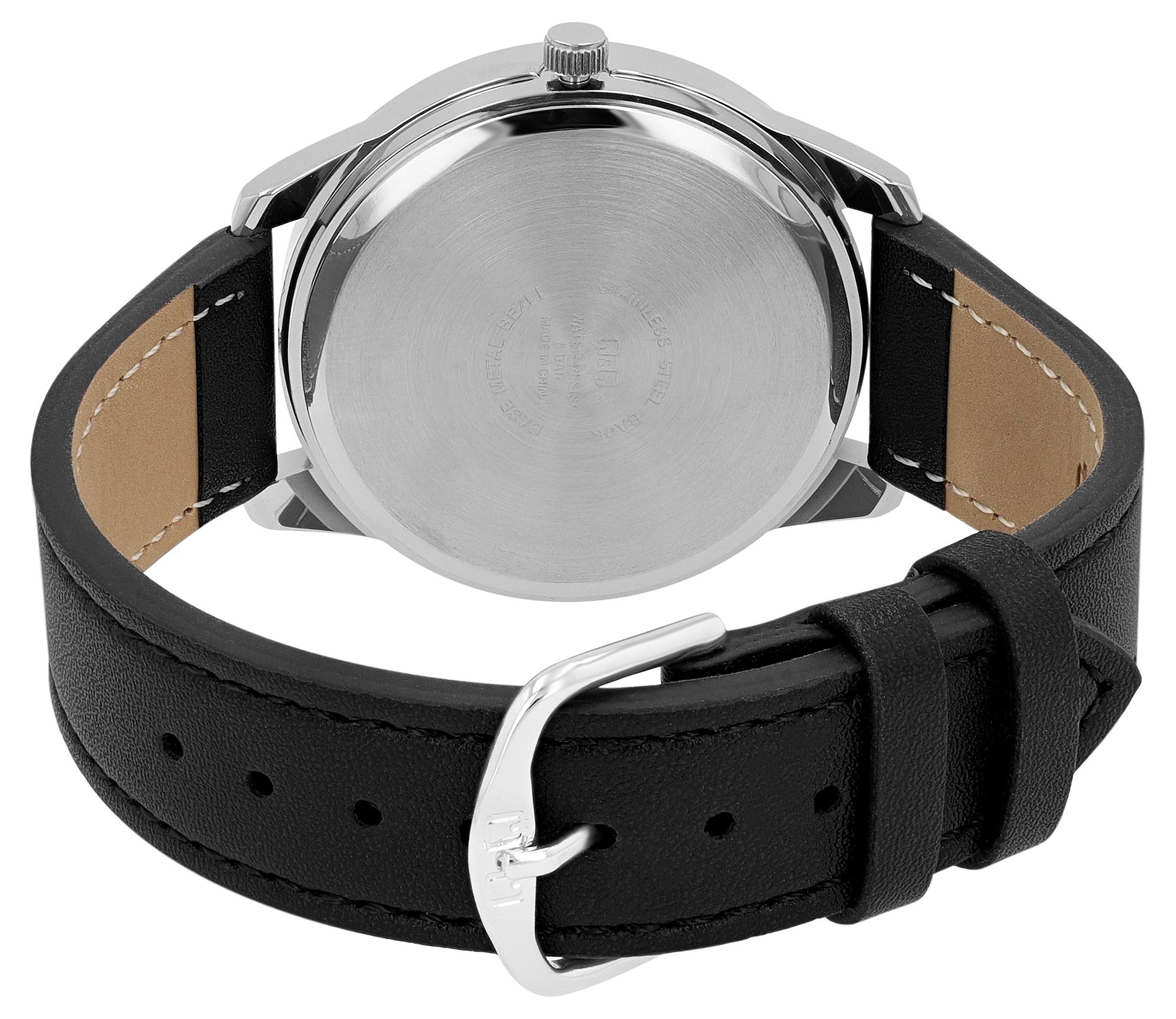 Q&Q Herrenuhr mit Lederband, 5 ATM, Wochentags- & Datumsanzeige, schwarz