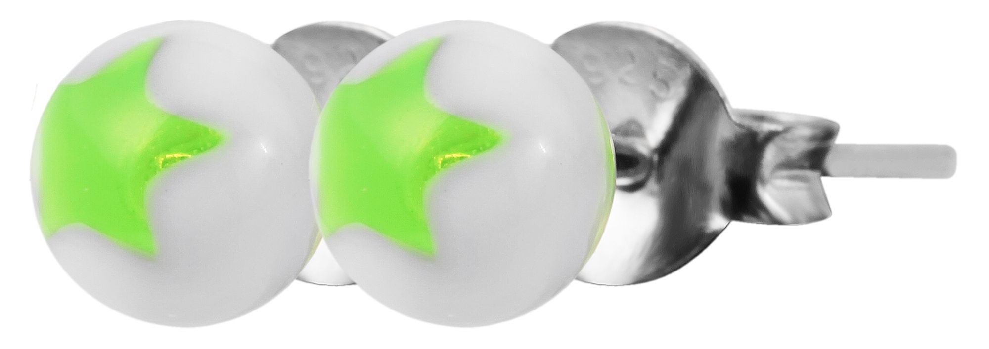 925/- Echt Silber Kinder Ohrstecker "Astrid", Perle mit Stern, weiß/neongrün